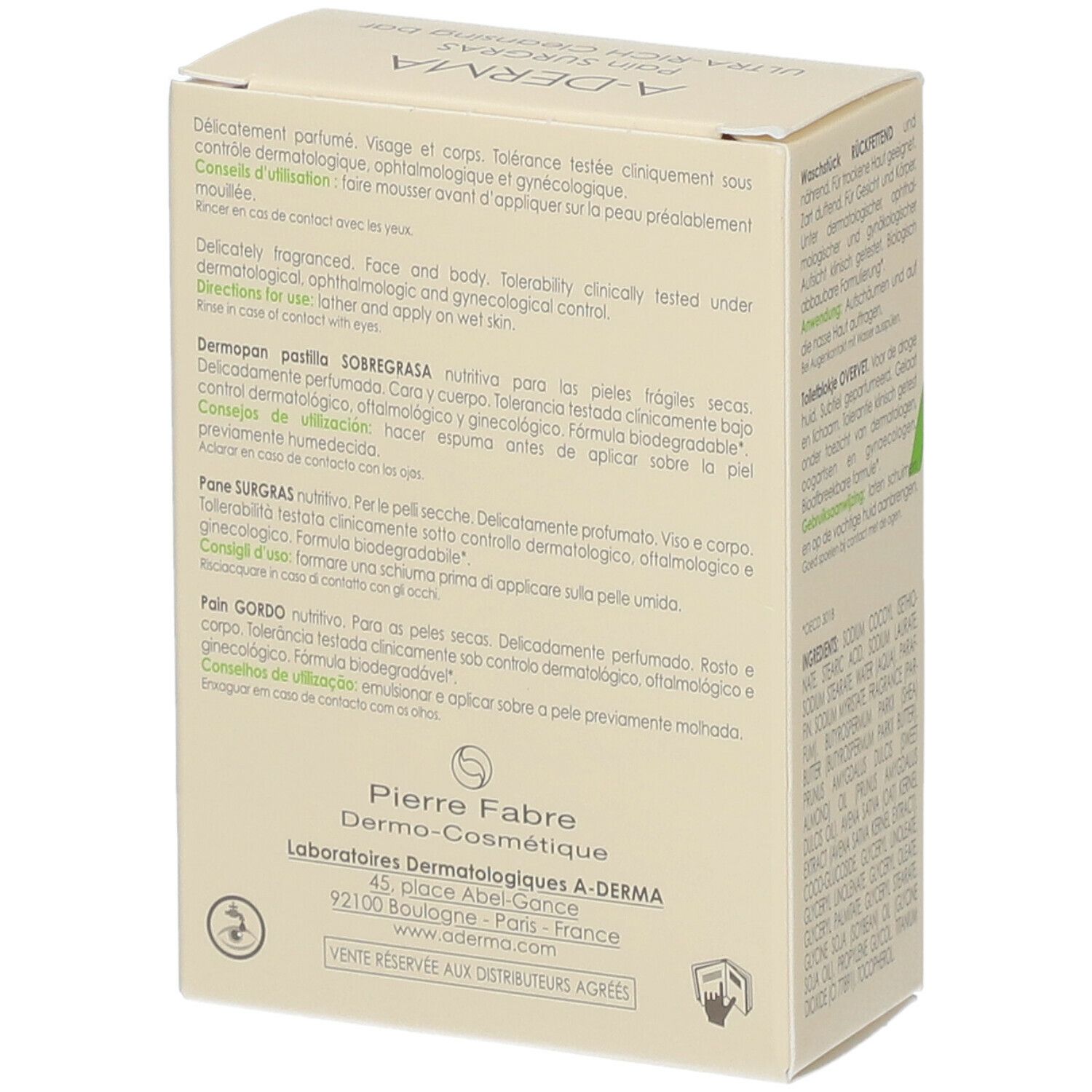 Emballage A-DERMA Surgras. Texte et ingrédients.