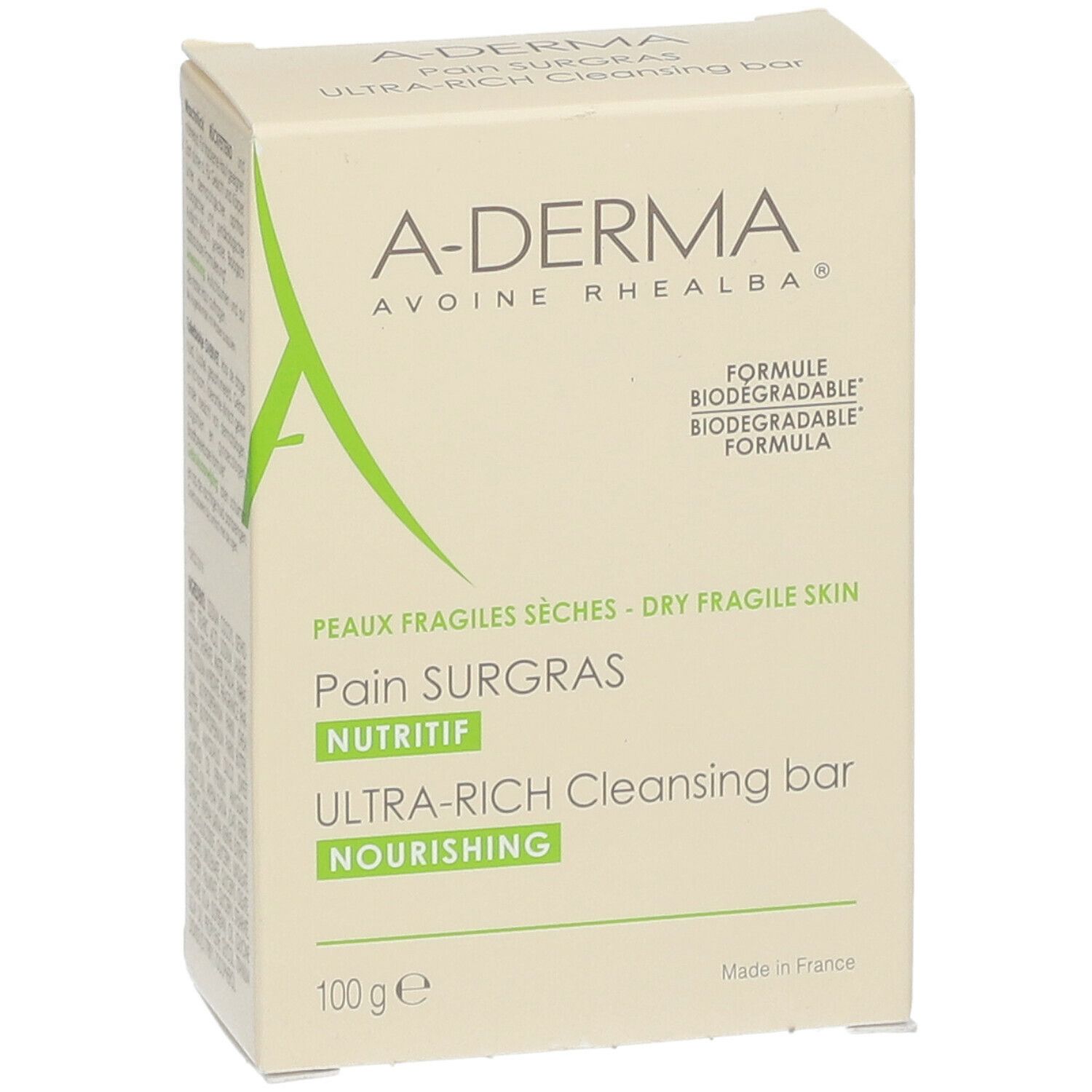 Emballage A-DERMA Surgras. Texte et ingrédients.