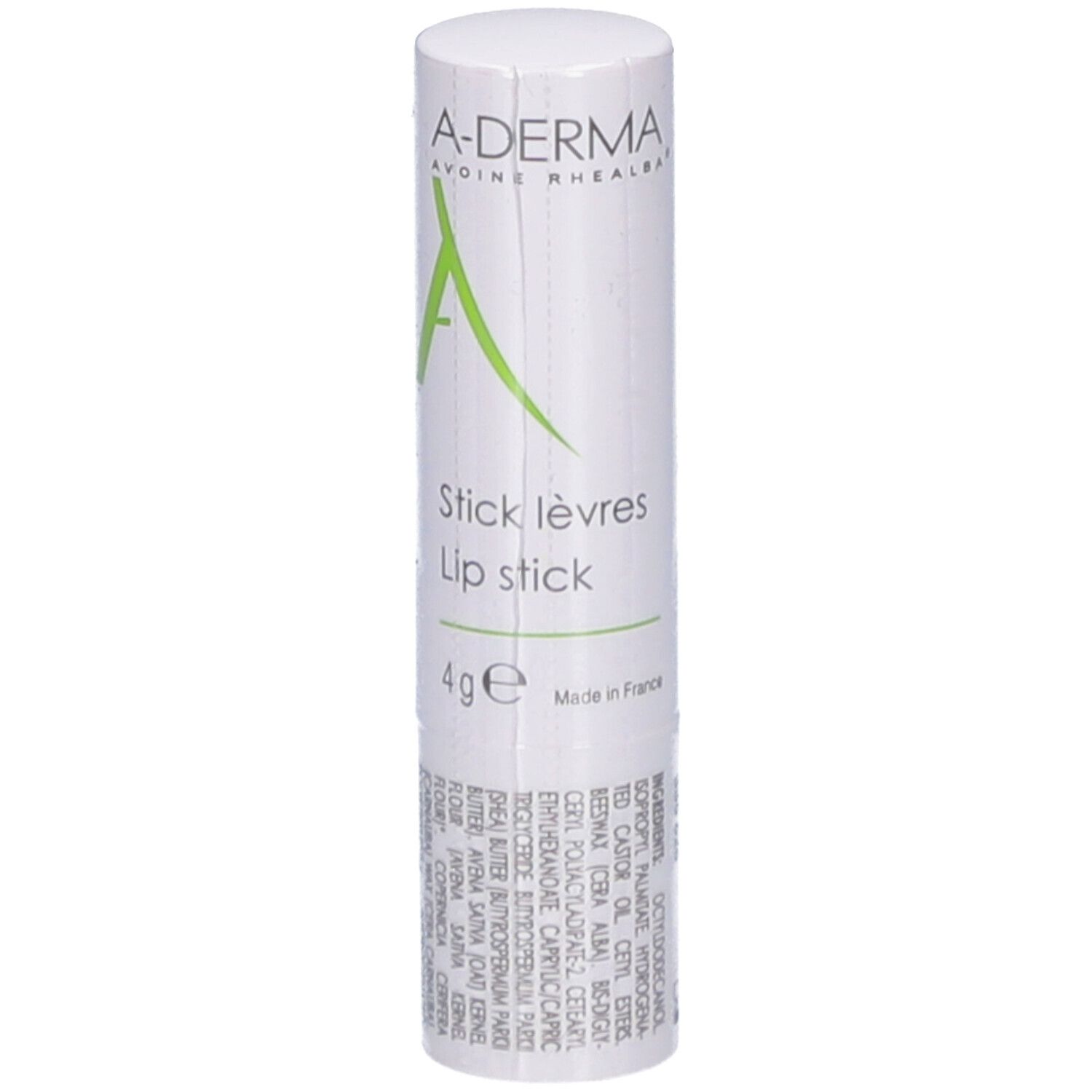 Stick lèvres blanc avec lettrage vert. Contient 4g. Fabriqué en France.