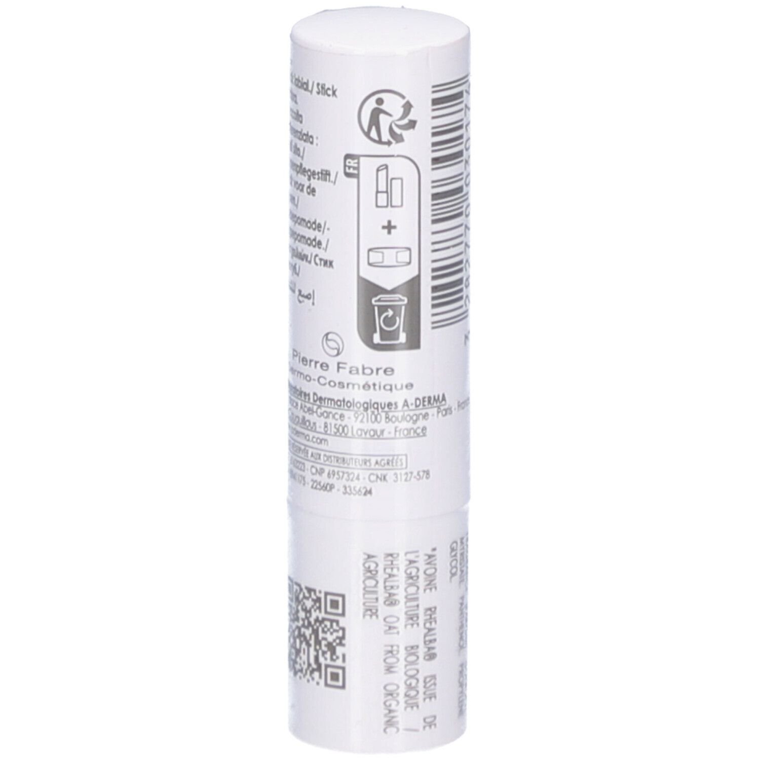 Dos du stick lèvres. Contient des informations et des ingrédients. Avec code-barres.