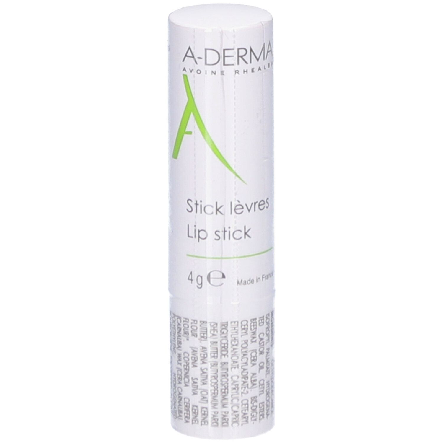 Stick lèvres blanc avec lettrage vert. Contient 4g. Fabriqué en France.