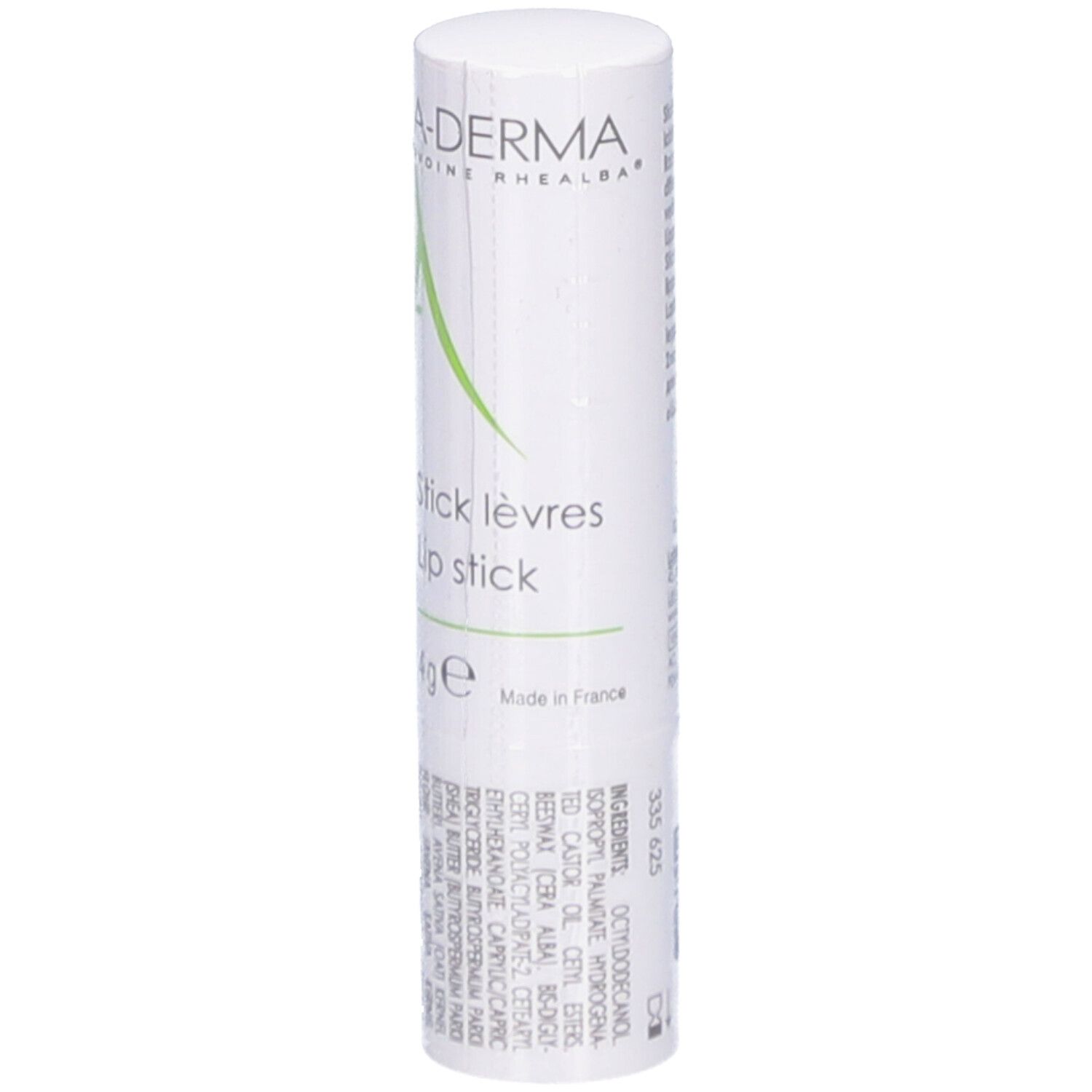 Stick lèvres blanc avec lettrage vert. Contient 4g. Fabriqué en France.