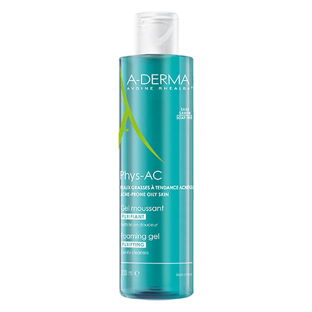 Flacon turquoise à bouchon blanc. Inscriptions A-DERMA et Phys-AC. Gel moussant, purifiant. 200 ml.