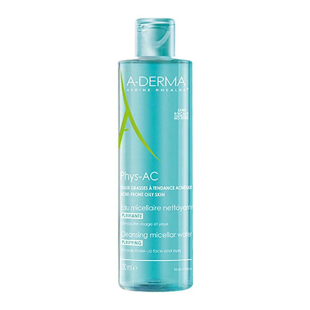Flacon A-Derma Phys-AC Hydra. Flacon transparent turquoise avec bouchon bleu. Inscriptions et logo du produit.