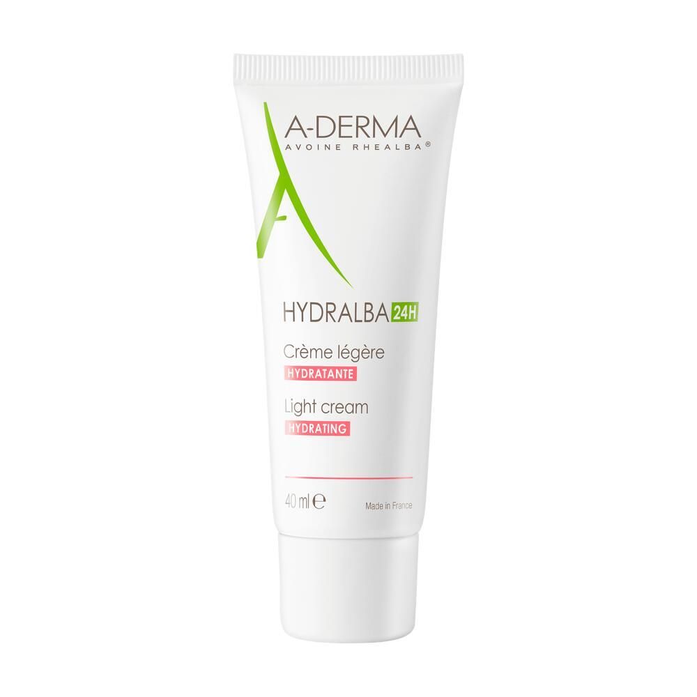 Tube blanc avec inscriptions vertes et rouges. Marque A-Derma, Hydralba. Crème légère, Light cream. 40 ml.