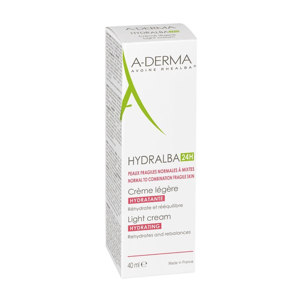 Emballage carton avec A-Derma et Hydralba. Crème légère, Light cream. 40 ml. Pour peaux normales à mixtes.