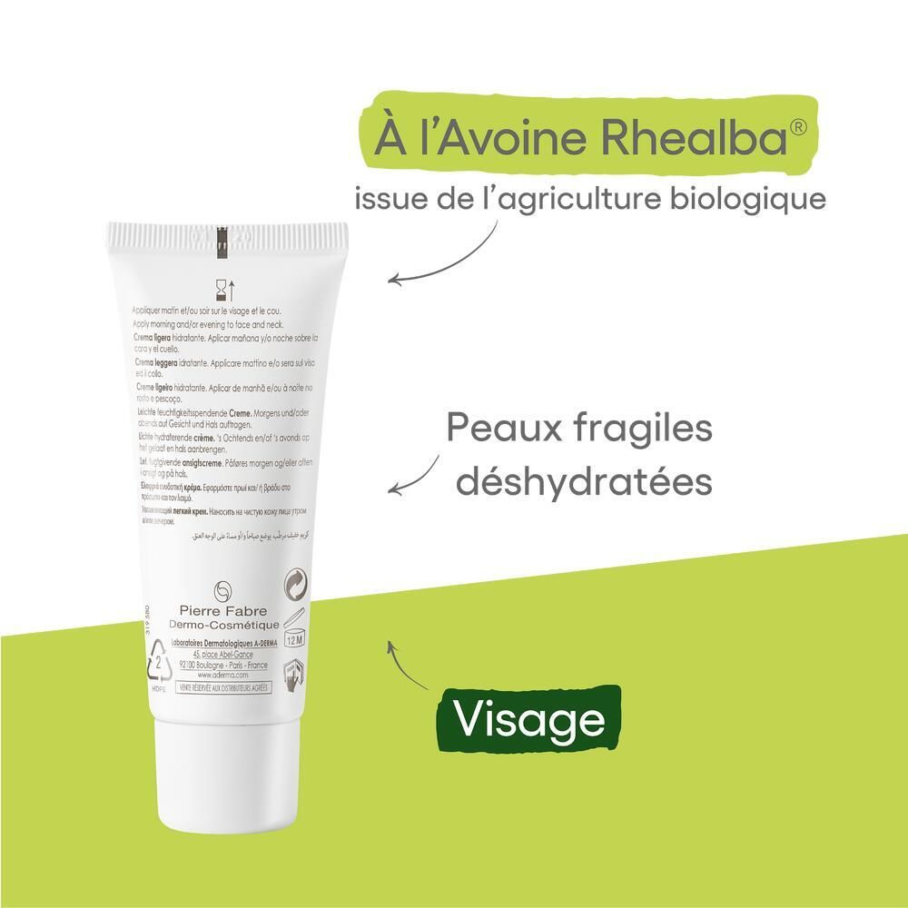 Dos du tube avec texte et flèches. Texte: À l'Avoine Rhealba, Visage, Peaux fragiles déshydratées.