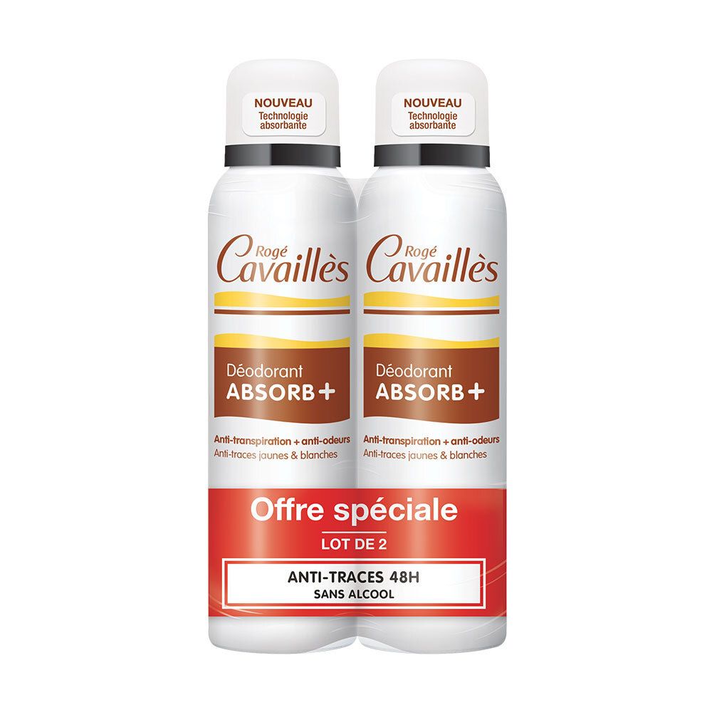 Deux sprays déodorants Rogé Cavaillès ABSORB+ en lot. "Offre spéciale LOT DE 2".