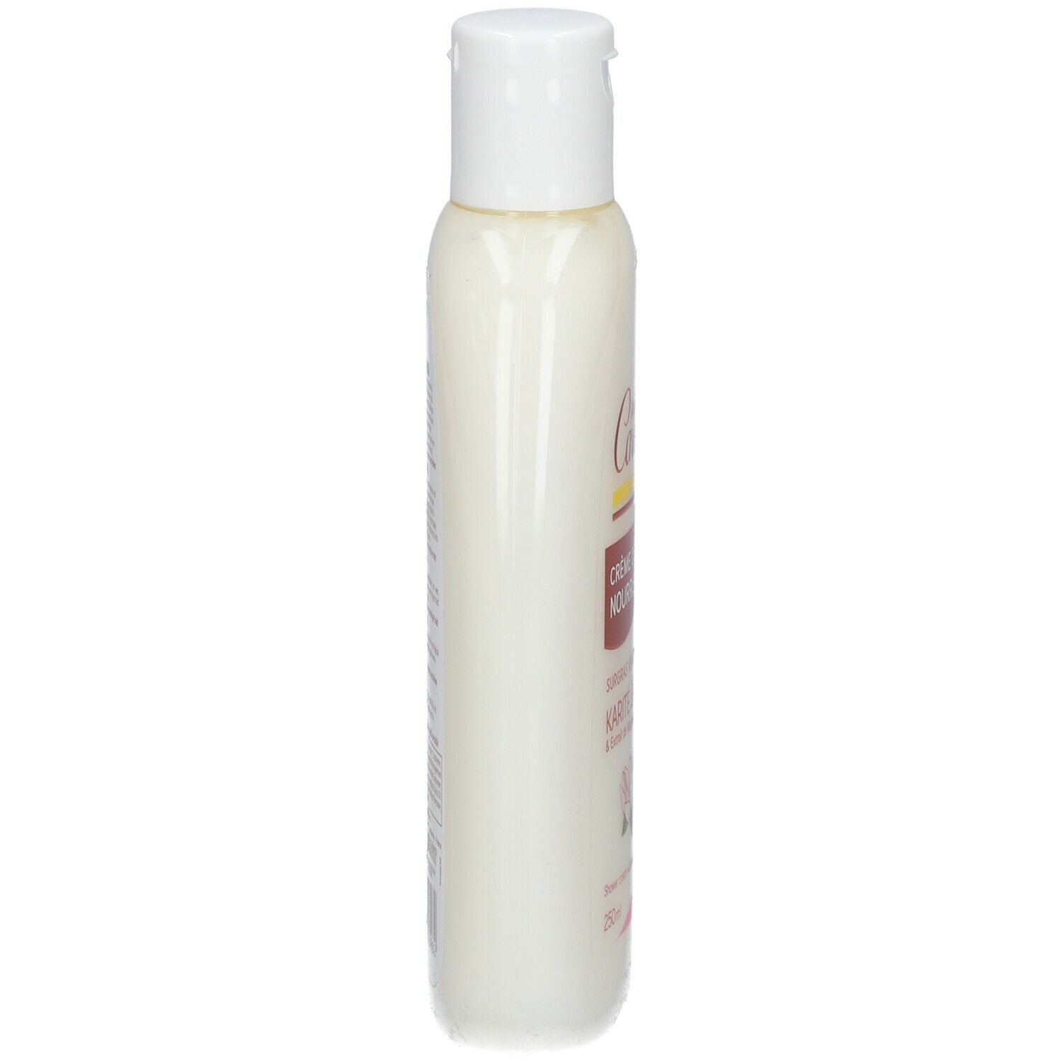 Flacon blanc étroit avec bouchon blanc. Inscription: Rogé Cavaillès. Étiquette avec texte. Vue latérale.