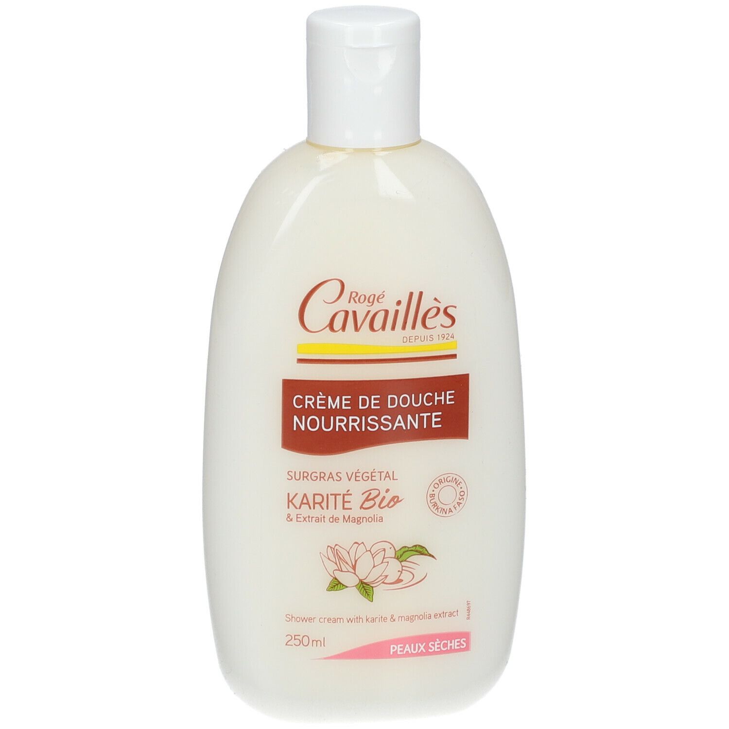 Flacon blanc avec bouchon blanc. Inscription: Rogé Cavaillès, Crème de Douche Nourrissante, Karité Bio. Pour peaux sèches.