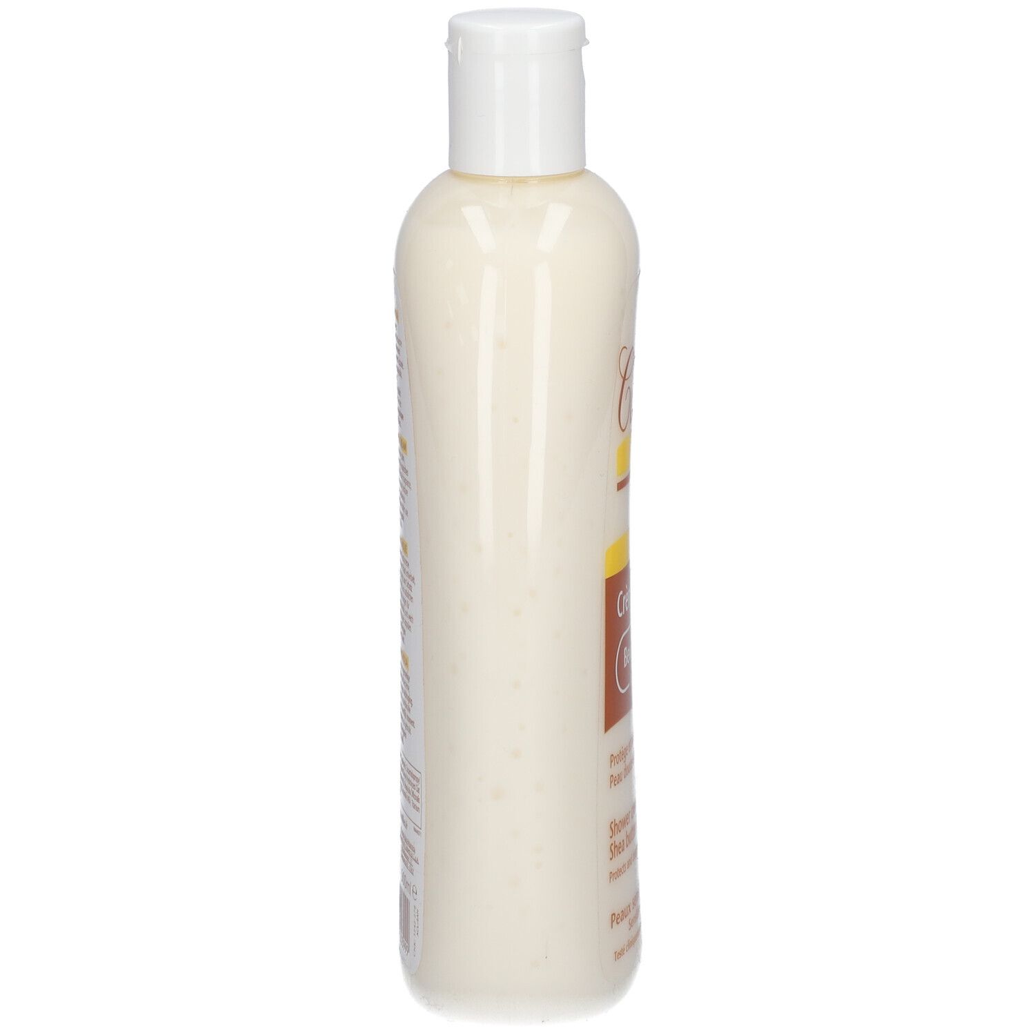 Vue latérale du flacon de crème de douche. Récipient en plastique blanc avec bouchon rabattable. Texte sur le flacon. Produit pour peaux sensibles.