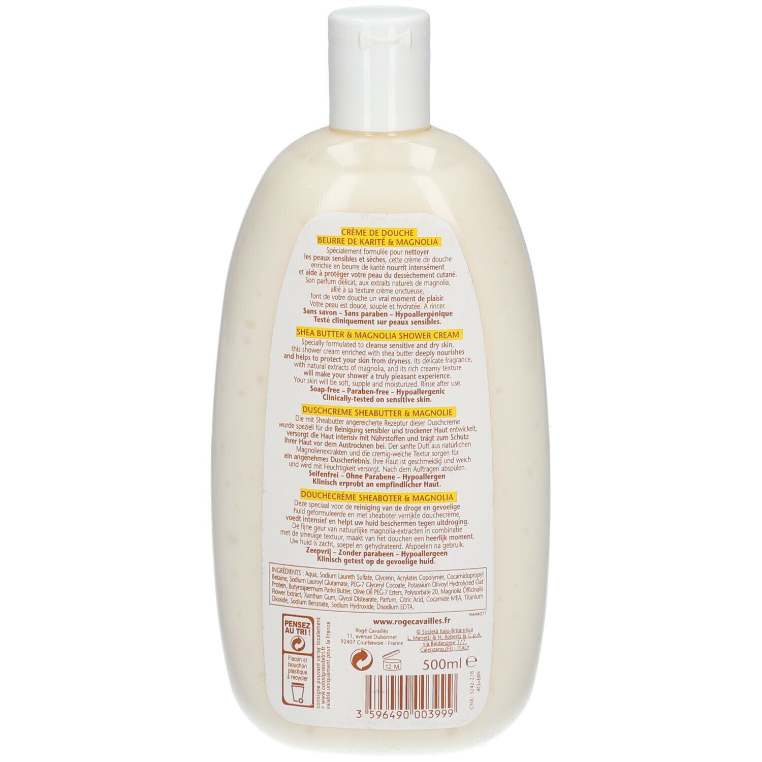 Dos du flacon de crème de douche. Texte en plusieurs langues. Produit pour peaux sensibles. Ingrédients et informations fabricant. 500ml.