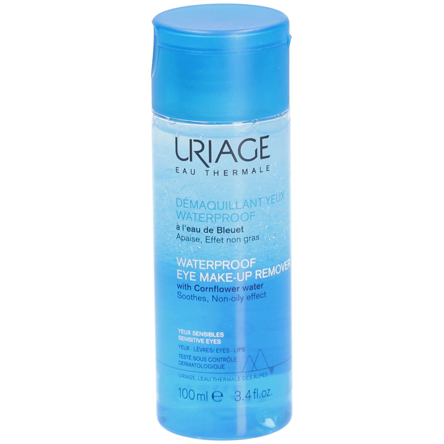 Flacon bleu URIAGE démaquillant yeux waterproof. Inscriptions: Waterproof, démaquillant yeux, 100 ml.