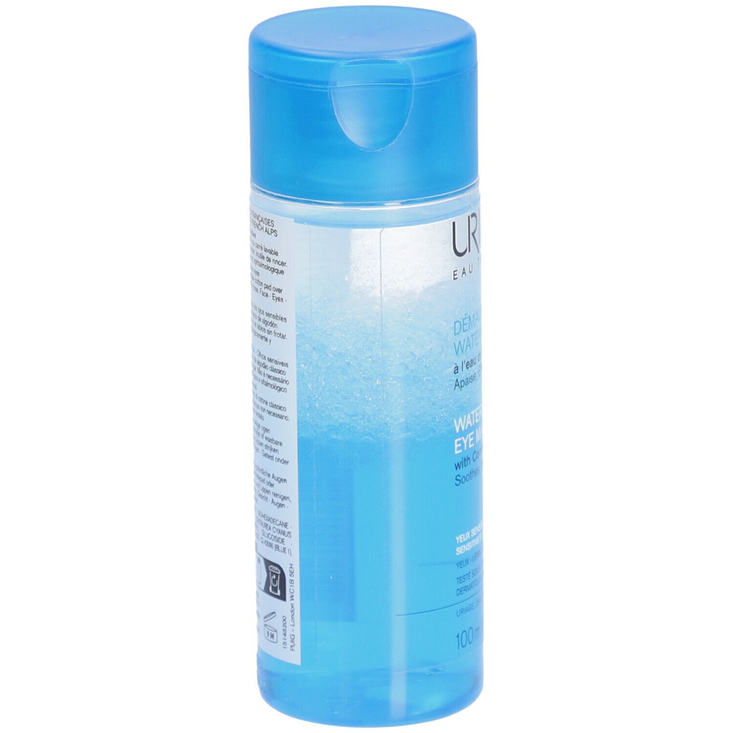 Flacon bleu URIAGE démaquillant yeux. Dos avec texte et ingrédients. 100 ml.