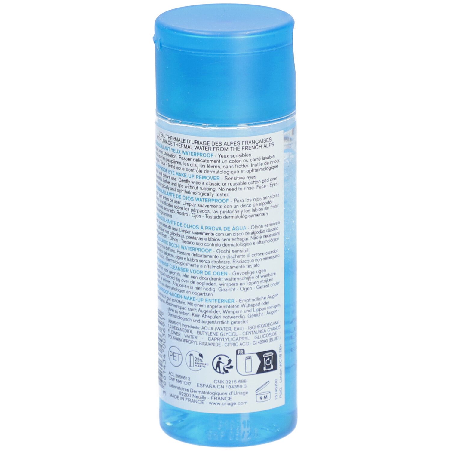 Flacon bleu URIAGE démaquillant yeux. Dos avec texte et ingrédients. 100 ml.