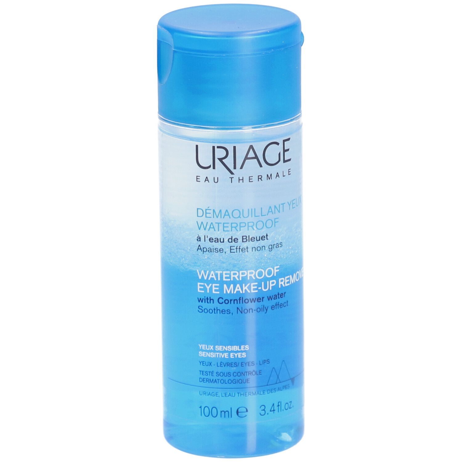 Flacon bleu URIAGE démaquillant yeux waterproof. Inscriptions: Waterproof, démaquillant yeux, 100 ml.