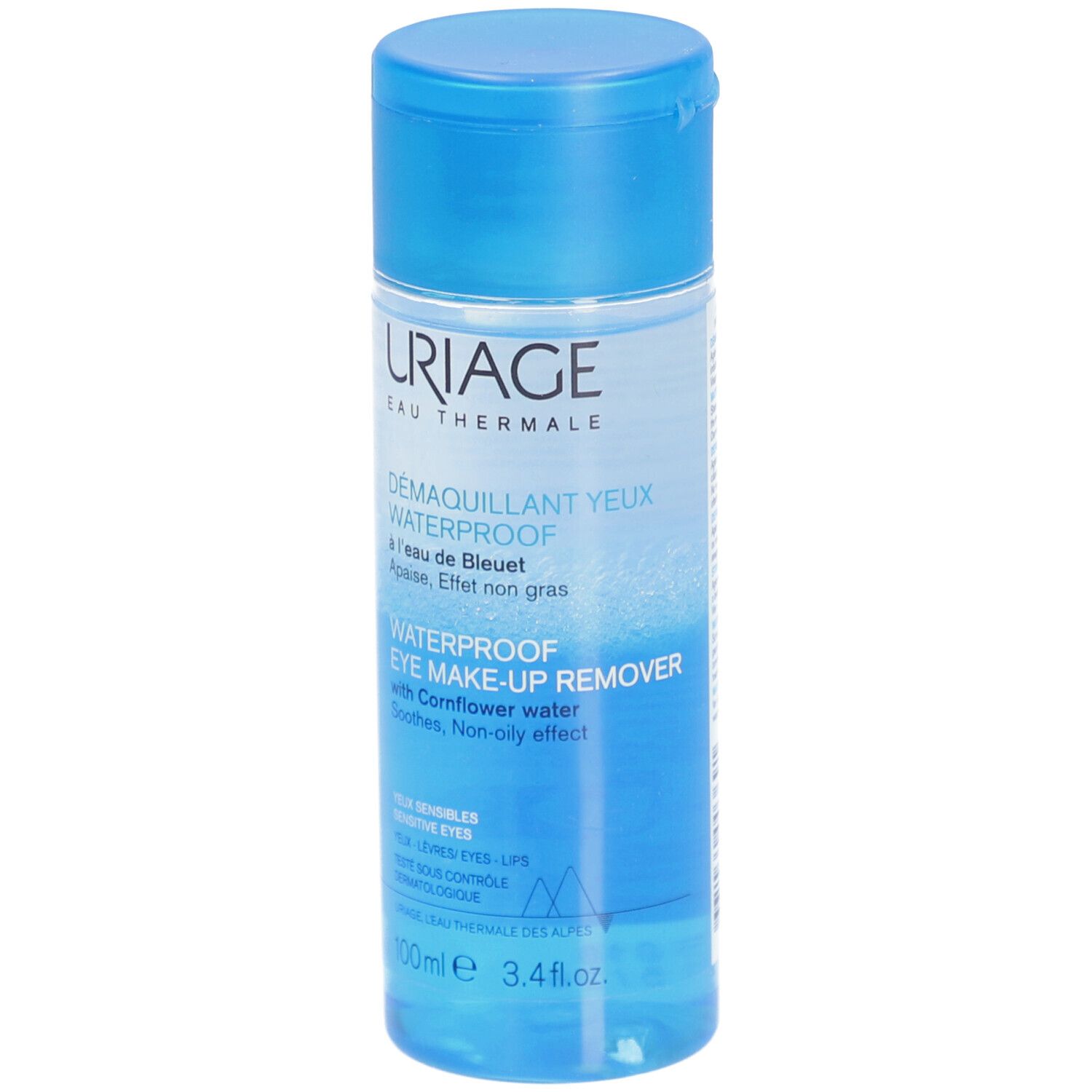 Flacon bleu URIAGE démaquillant yeux waterproof. Inscriptions: Waterproof, démaquillant yeux, 100 ml.