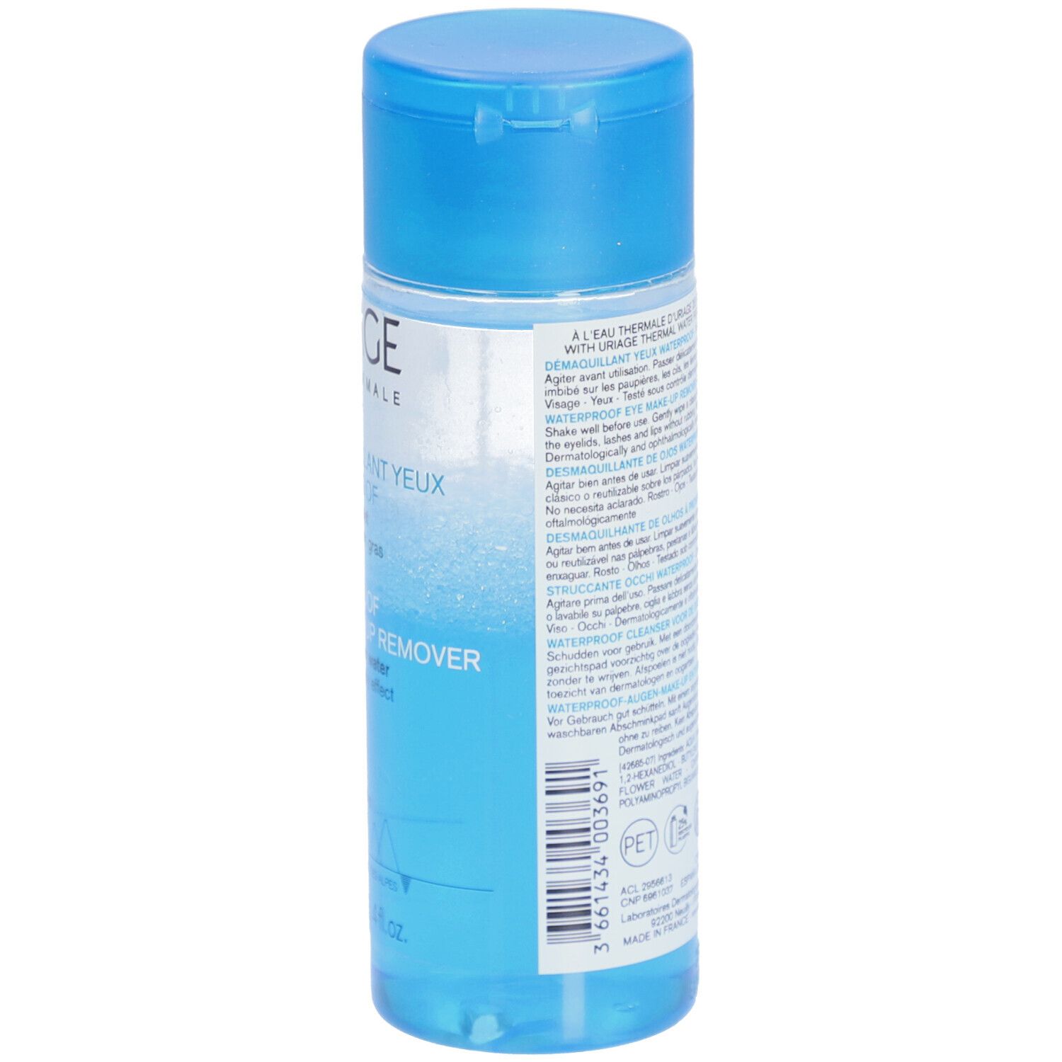 Flacon bleu URIAGE démaquillant yeux. Dos avec texte et ingrédients. 100 ml.
