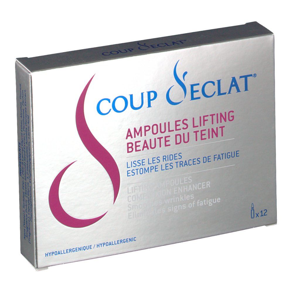 Boîte Coup d'éclat® argentée, logo rose. Contient 12 ampoules lifting pour la beauté du teint.