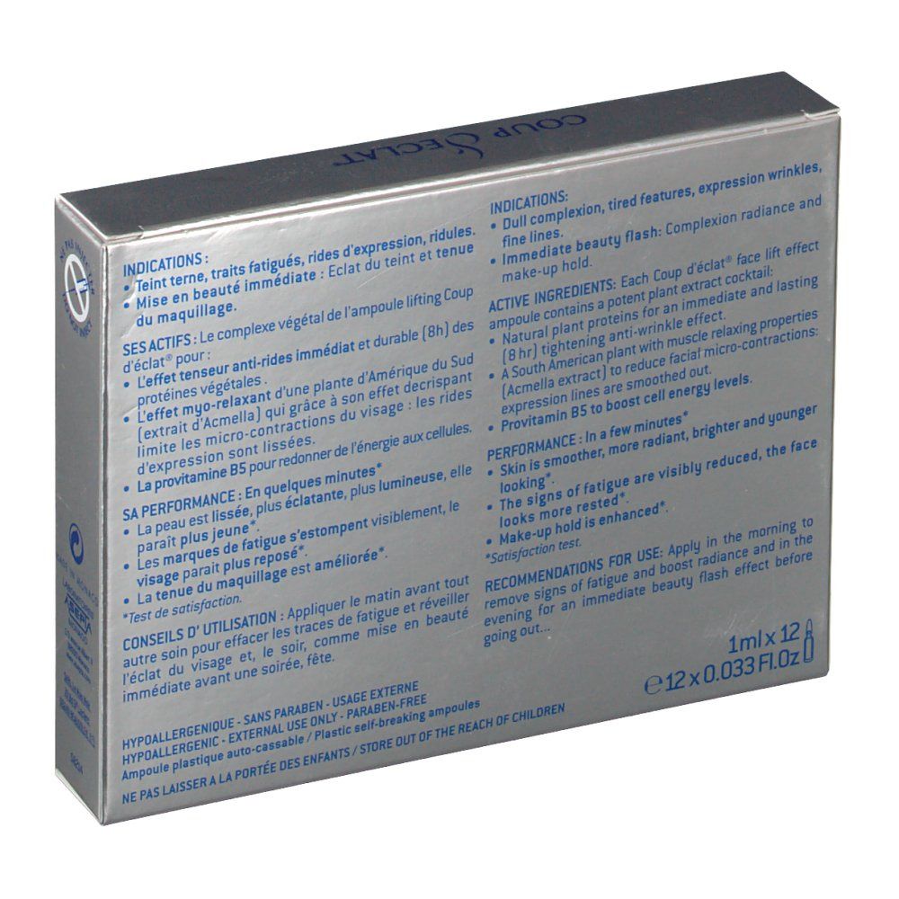 Dos de la boîte Coup d'éclat®. Texte en français. Contient 12 ampoules.