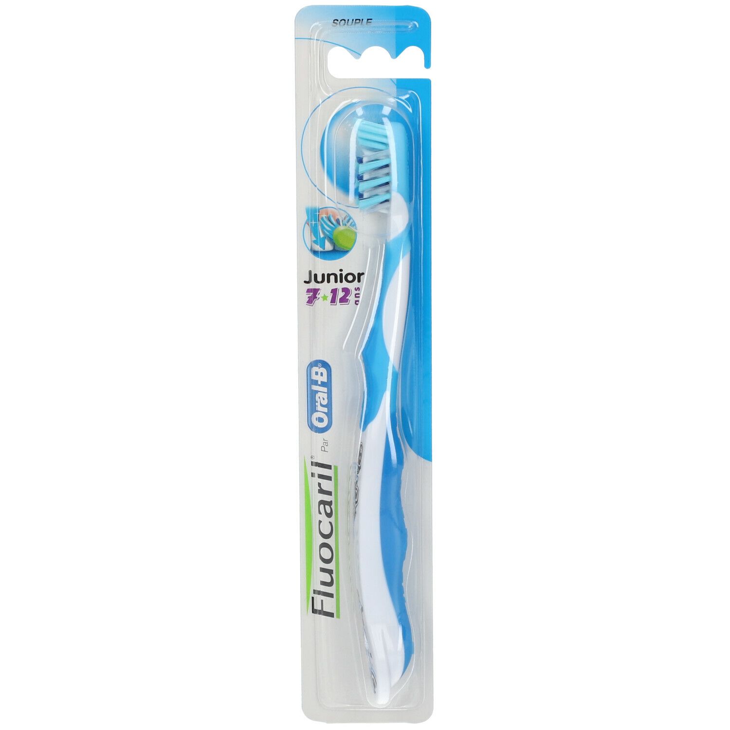 Brosse à dents dans un emballage blister. Manche bleu et blanc, tête bleue. Inscriptions : Fluocaril, Oral-B, Junior 7-12 ans.