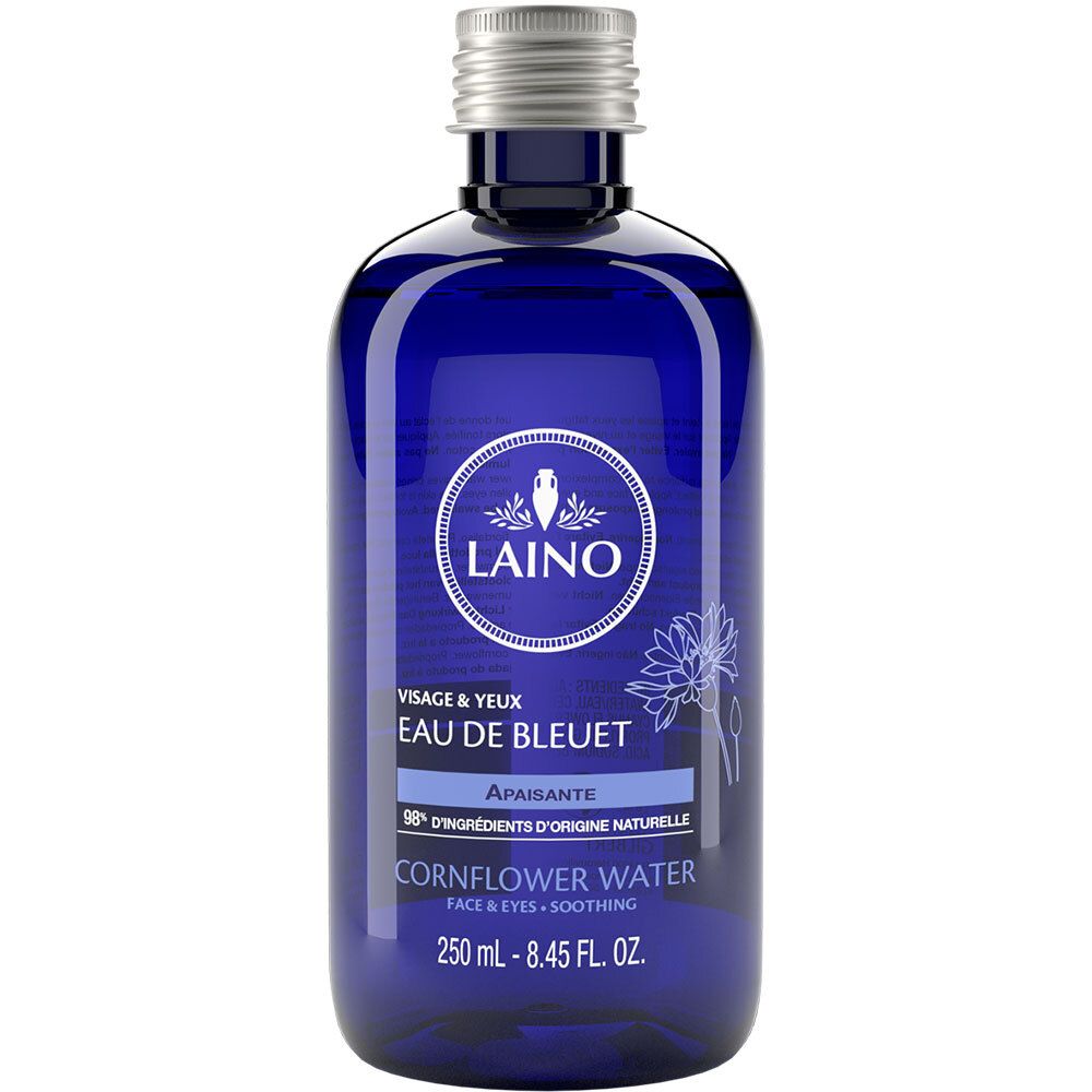 Flacon bleu avec bouchon argenté. Inscription: Laino, Eau de Bleuet, Cornflower Water. 250 ml.