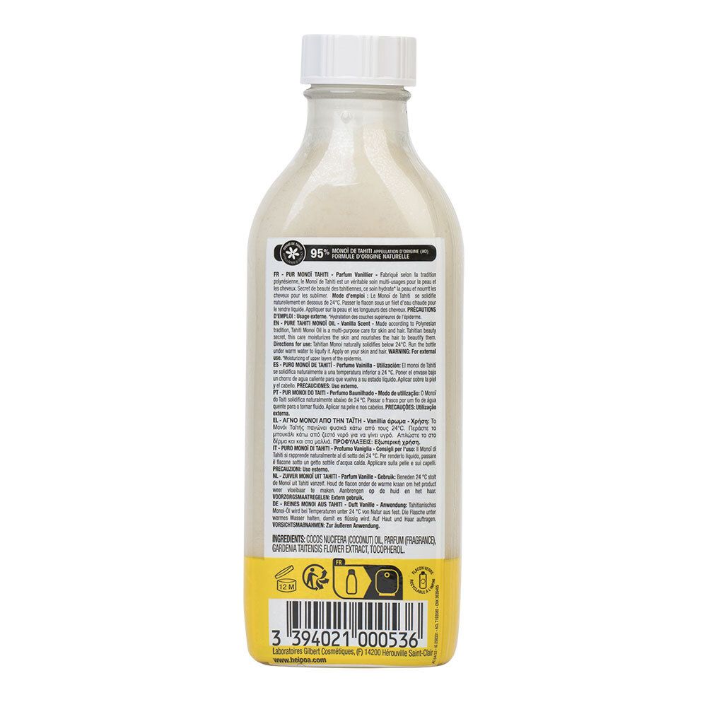 Dos du flacon d'huile HEI POA® Vanille. Liquide blanchâtre. Étiquette avec texte, ingrédients et 95% d'origine naturelle.
