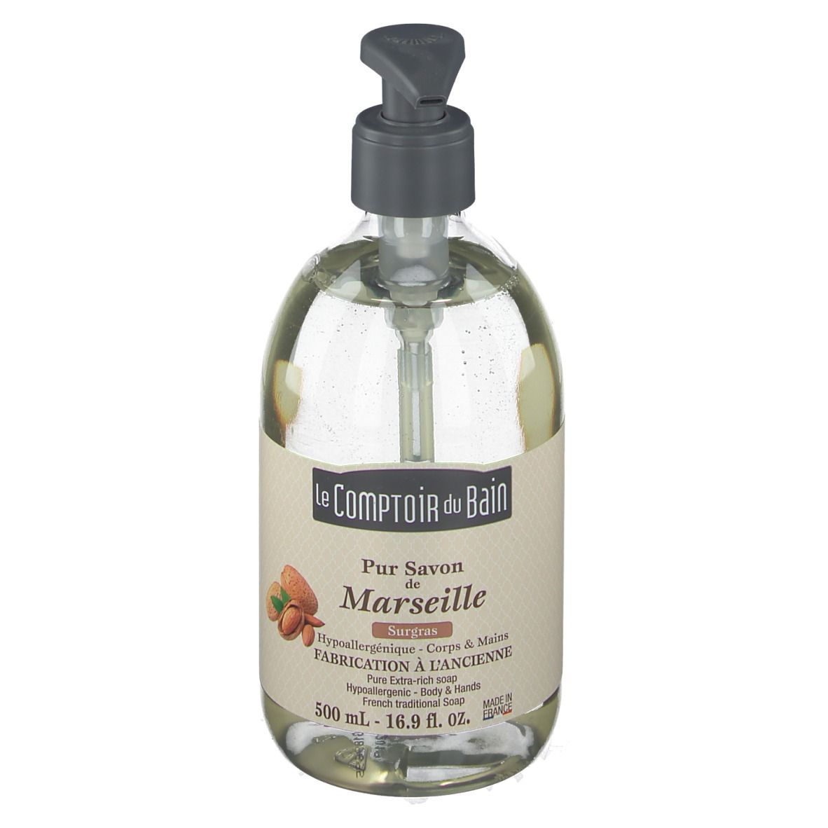 Savon transparent avec pompe. Étiquette avec nom du produit et ingrédients. Flacon de 500 ml.