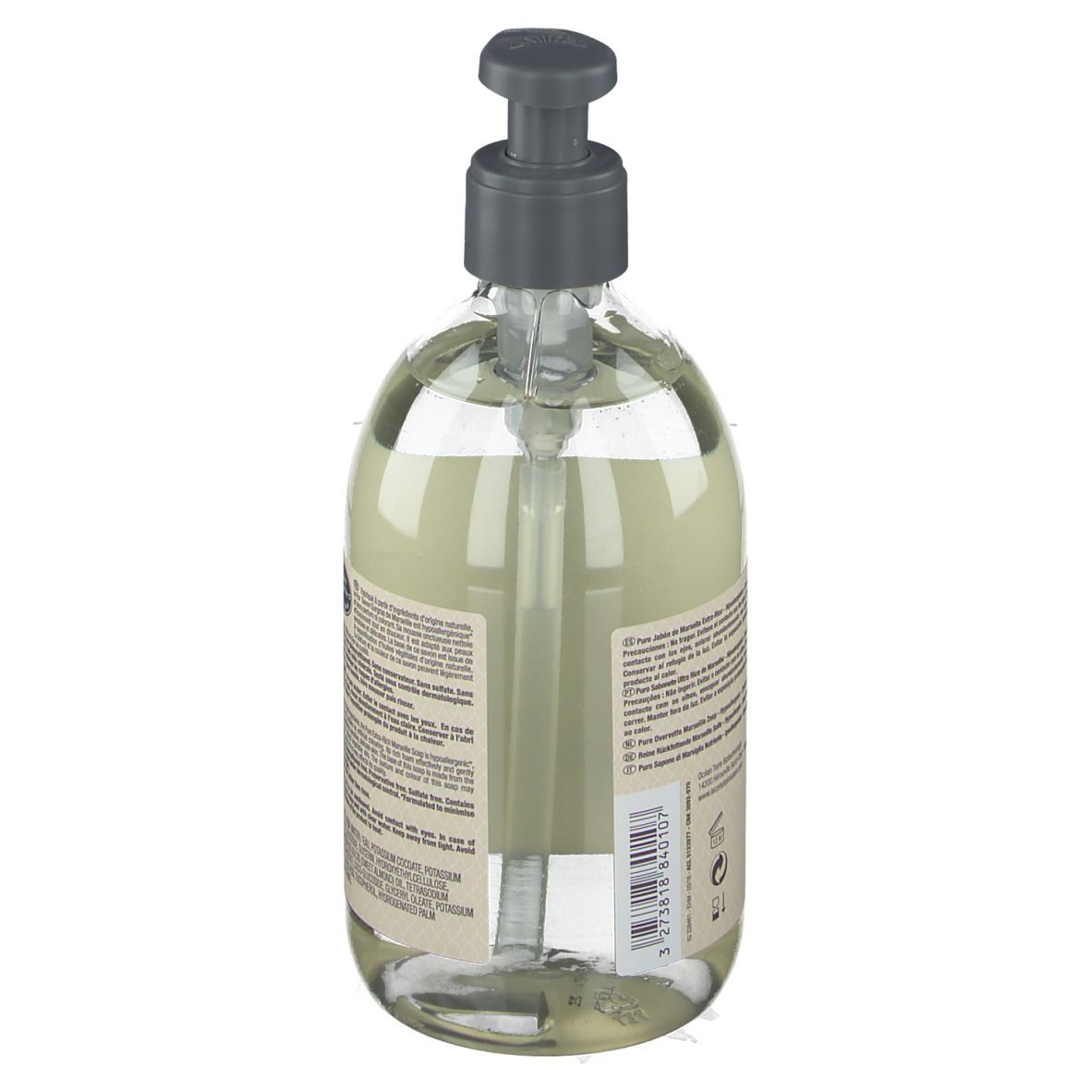 Dos d'un flacon de savon transparent avec pompe. Étiquette avec texte et ingrédients. 500 ml.