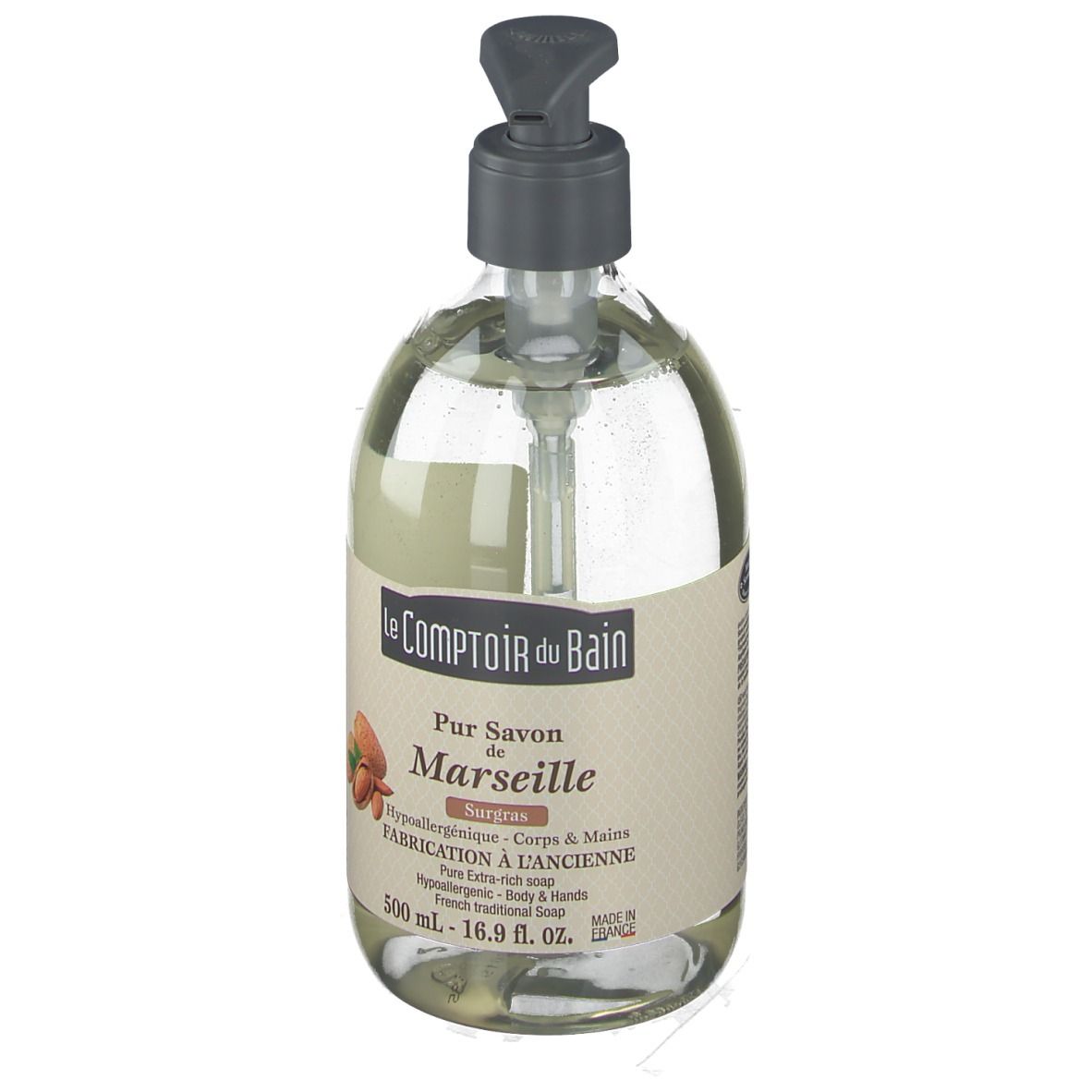 Savon transparent avec pompe. Étiquette avec nom du produit et ingrédients. Flacon de 500 ml.