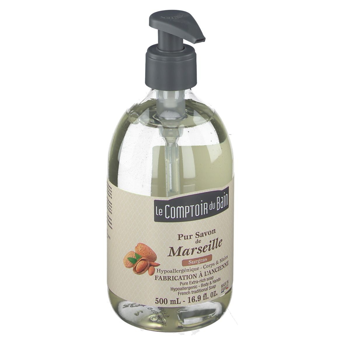 Savon transparent avec pompe. Étiquette avec nom du produit et ingrédients. Flacon de 500 ml.