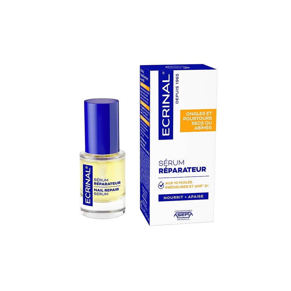 ECRINAL® Sérum Réparateur pour ongles avec 10 huiles essentielles, flacon en verre et boîte.