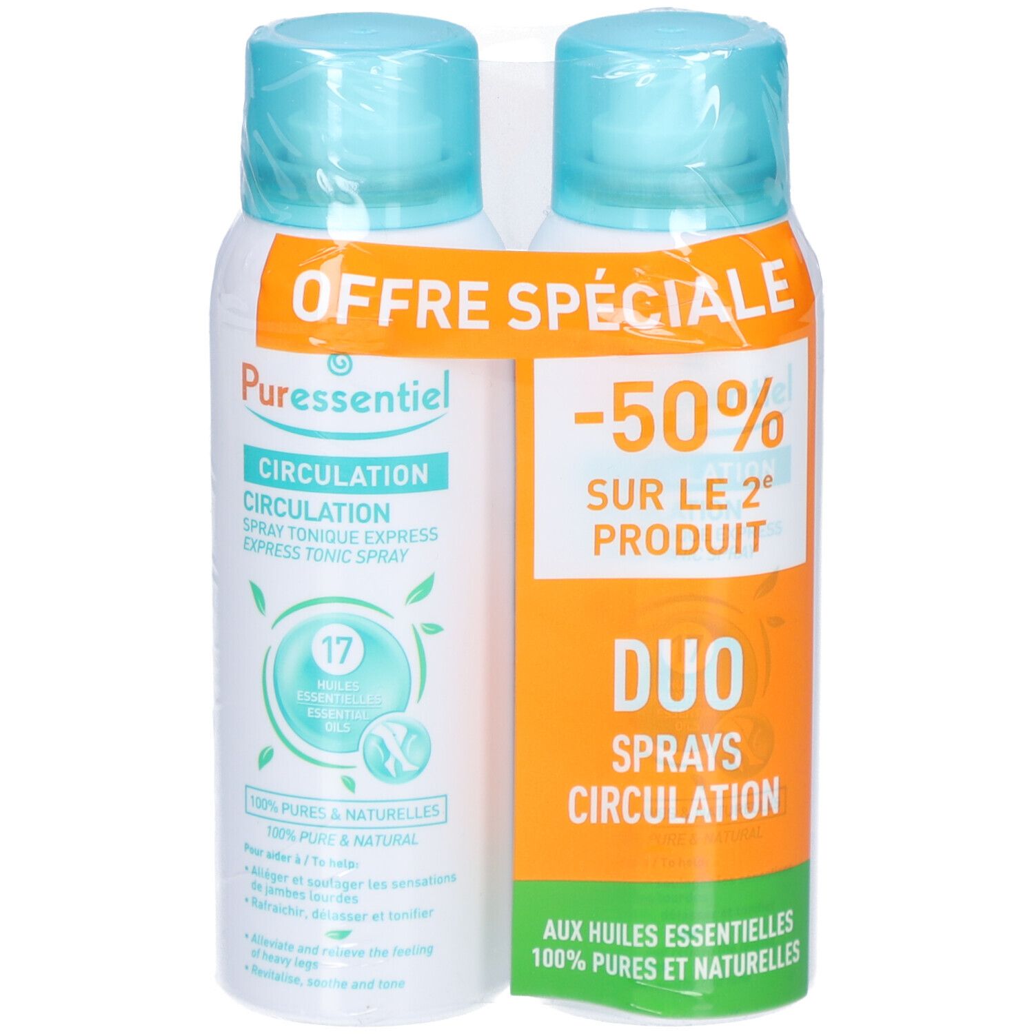 Deux sprays Puressentiel Circulation. Étiquette blanche et bleue, 17 huiles essentielles. Offre spéciale : Lot de 2.