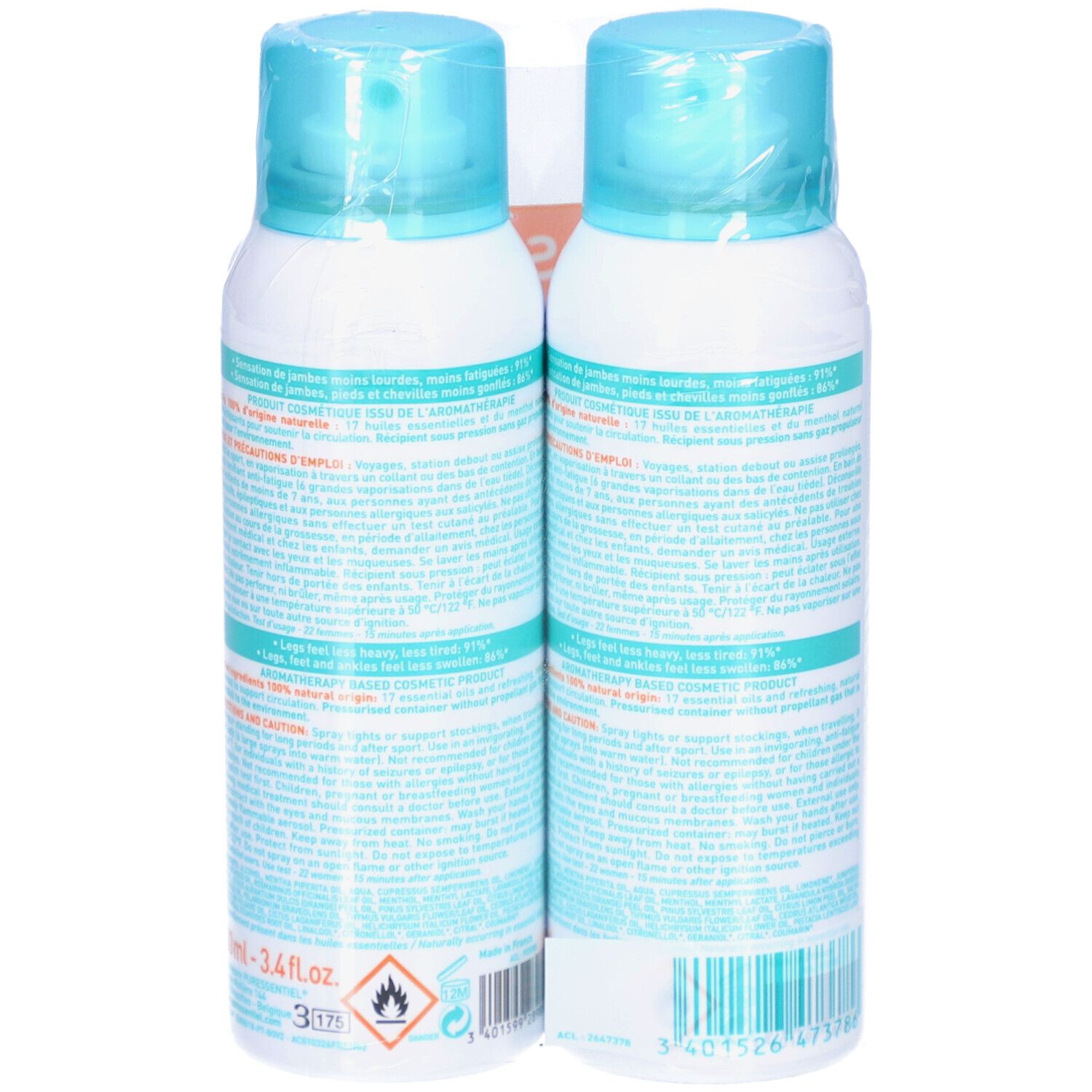Dos de deux flacons spray Puressentiel Circulation, 17 huiles essentielles. Contient 100 ml. Avertissements.