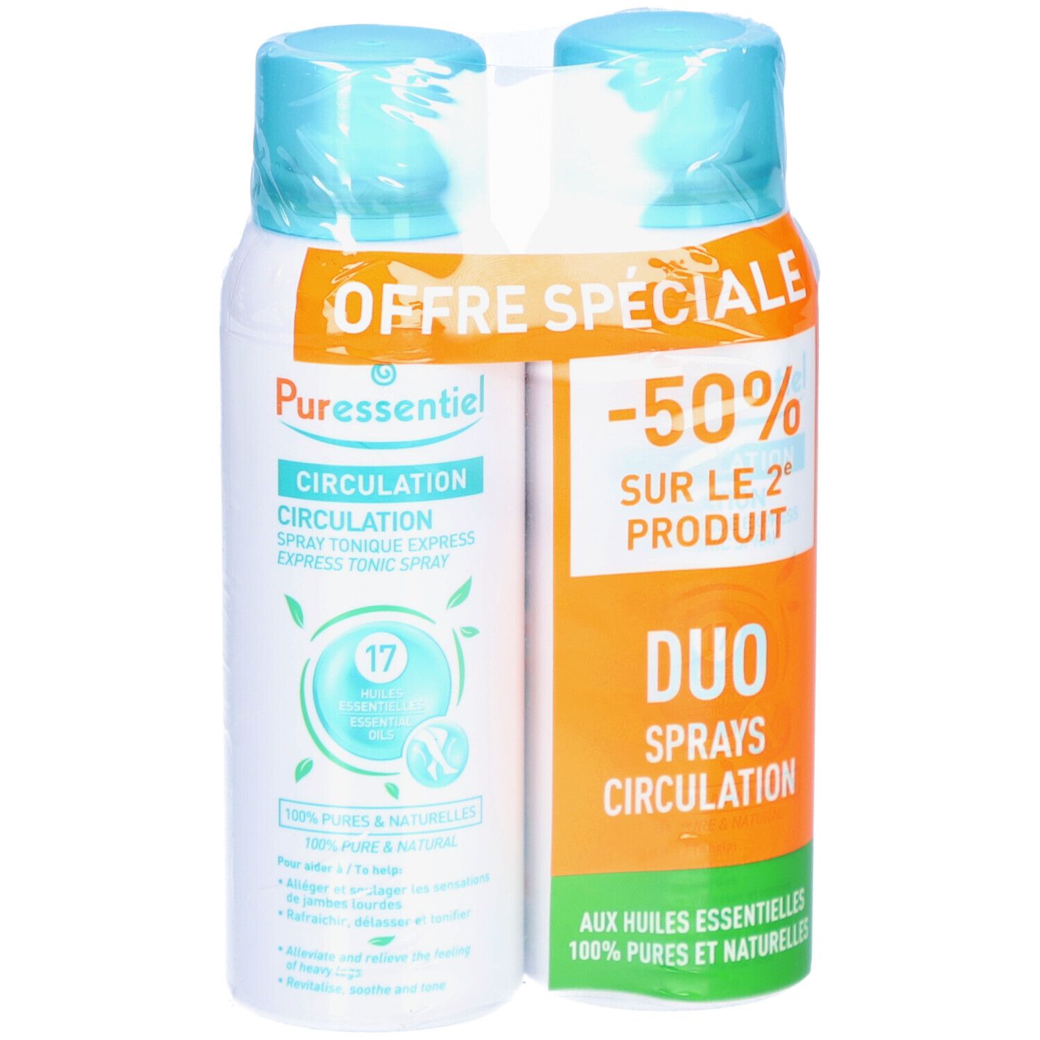 Deux sprays emballés. Puressentiel Circulation, 17 huiles essentielles. Offre spéciale : -50% sur le 2ème produit.