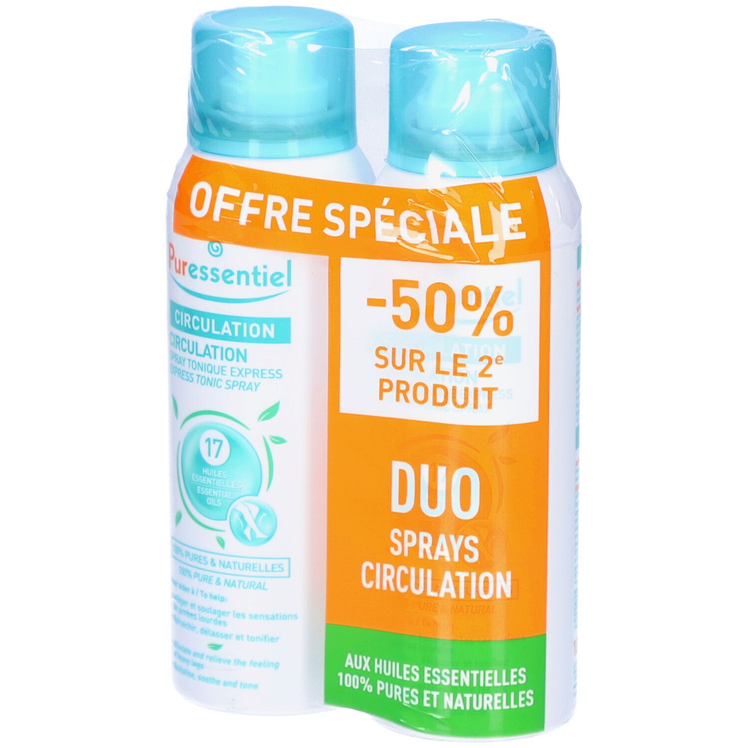 Deux sprays Puressentiel Circulation. Étiquette blanche et bleue, 17 huiles essentielles. Offre spéciale : Lot de 2.