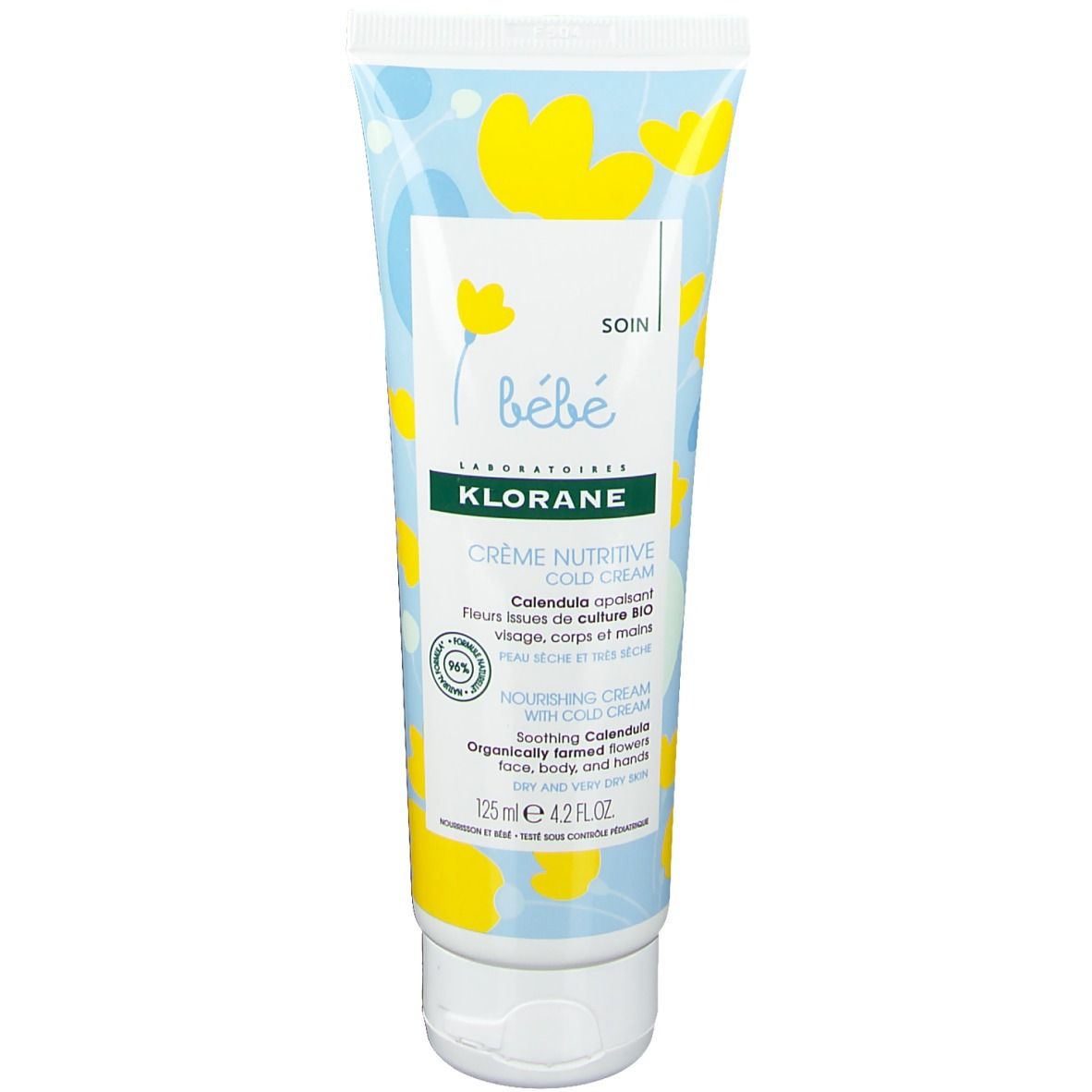 Tube de Klorane Bébé Crème Nutritive. Motif floral jaune. Inscription: Crème nutritive Cold Cream, Calendula. 125 ml.