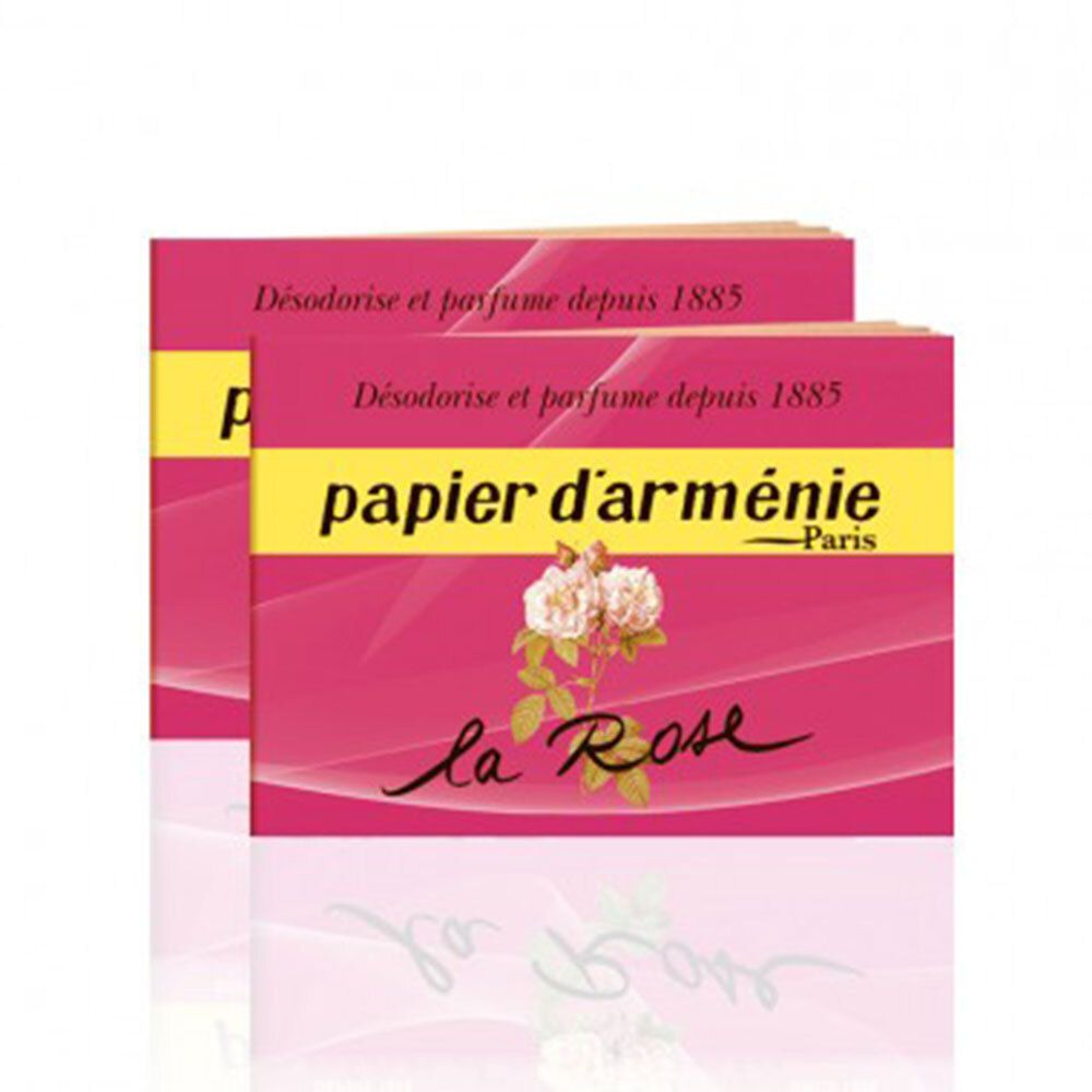Deux boîtes roses. Bande jaune avec "papier d'arménie" et "La Rose". Image de roses.