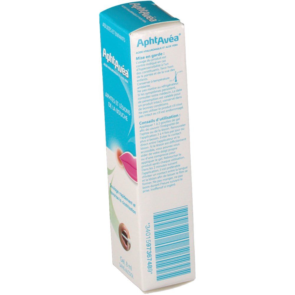 Vue latérale de la boîte AphtAvéa. Texte: AphtAvéa, pour adultes et enfants. Conseils d'utilisation et précautions.