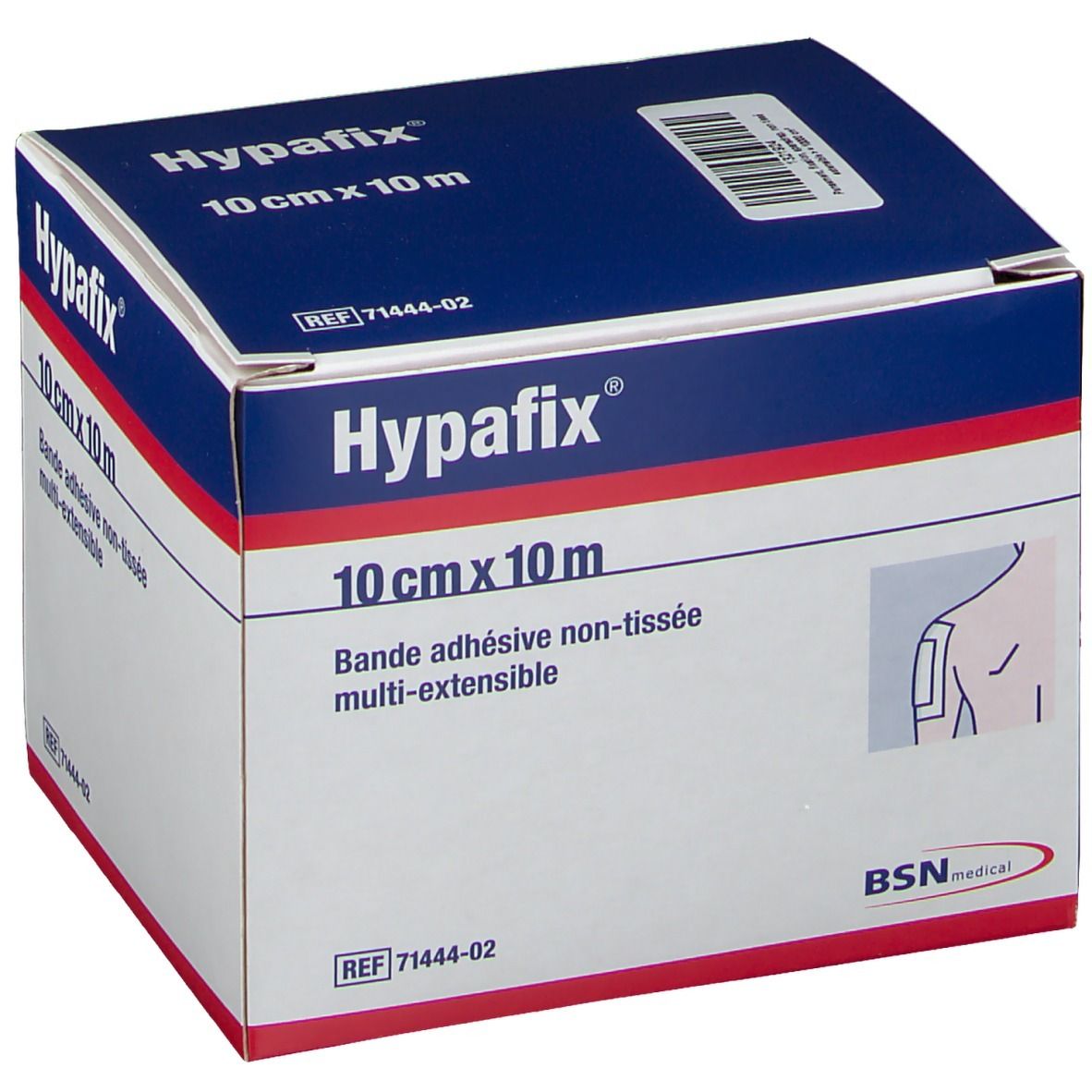 Boîte de pansement Hypafix. Dimensions : 10 cm x 10 m. Inscription : Bande adhésive non-tissée multi-extensible. BSN medical.