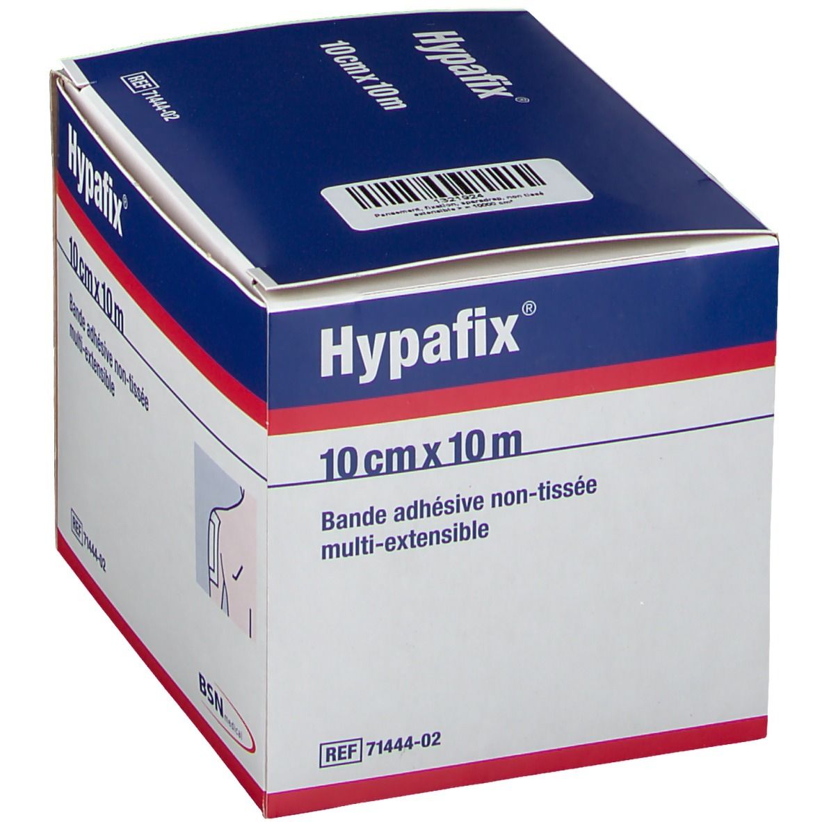 Boîte de pansement Hypafix. Dimensions : 10 cm x 10 m. Inscription : Bande adhésive non-tissée multi-extensible. BSN medical.
