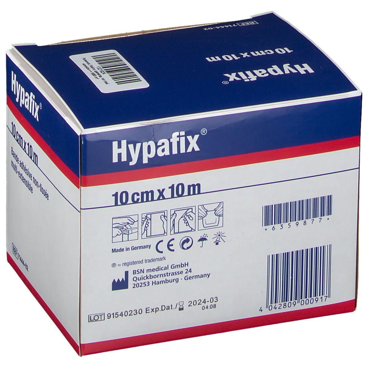 Boîte de pansement Hypafix. Dimensions : 10 cm x 10 m. Inscription : Bande adhésive non-tissée multi-extensible. BSN medical. Code-barres.