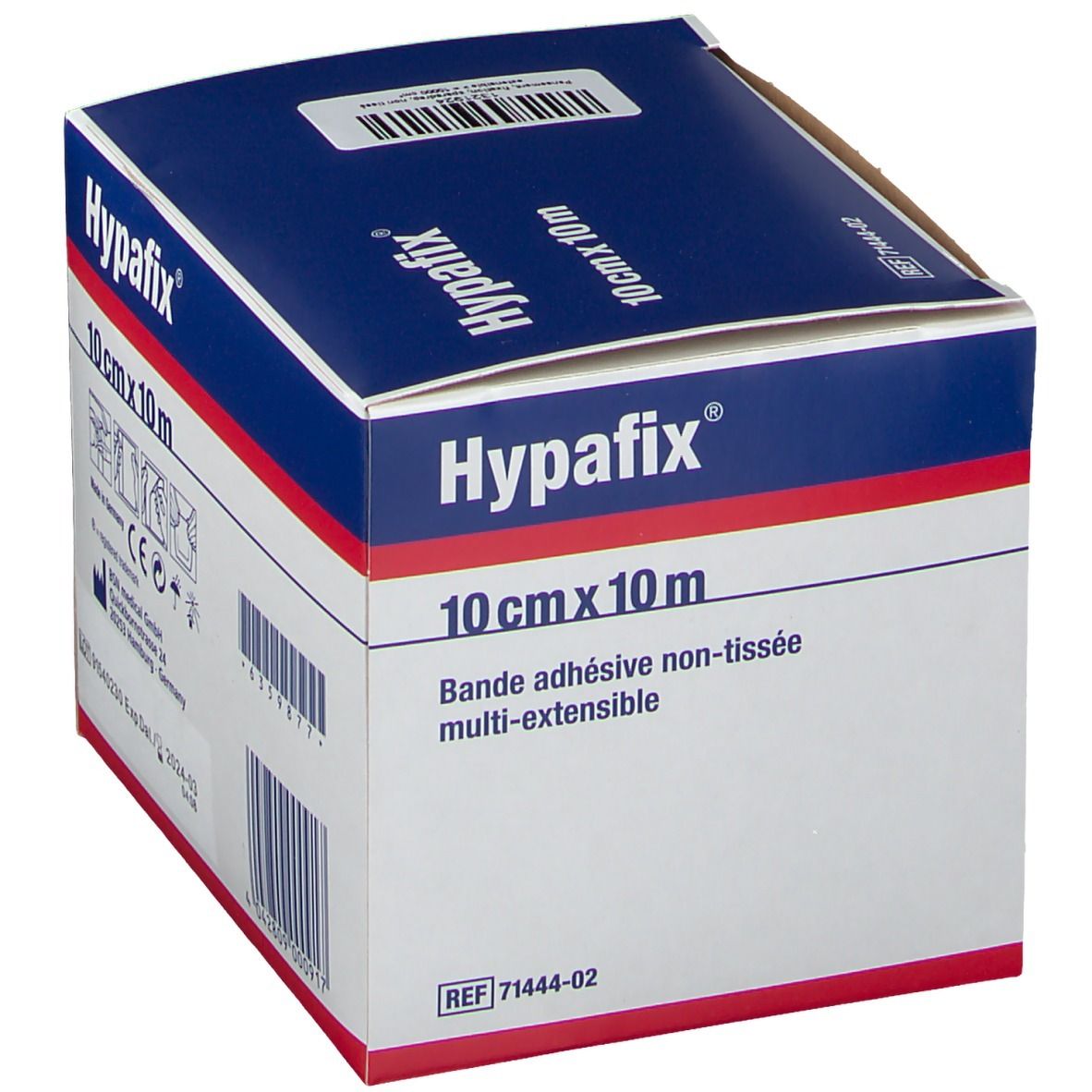 Boîte de pansement Hypafix. Dimensions : 10 cm x 10 m. Inscription : Bande adhésive non-tissée multi-extensible. BSN medical.