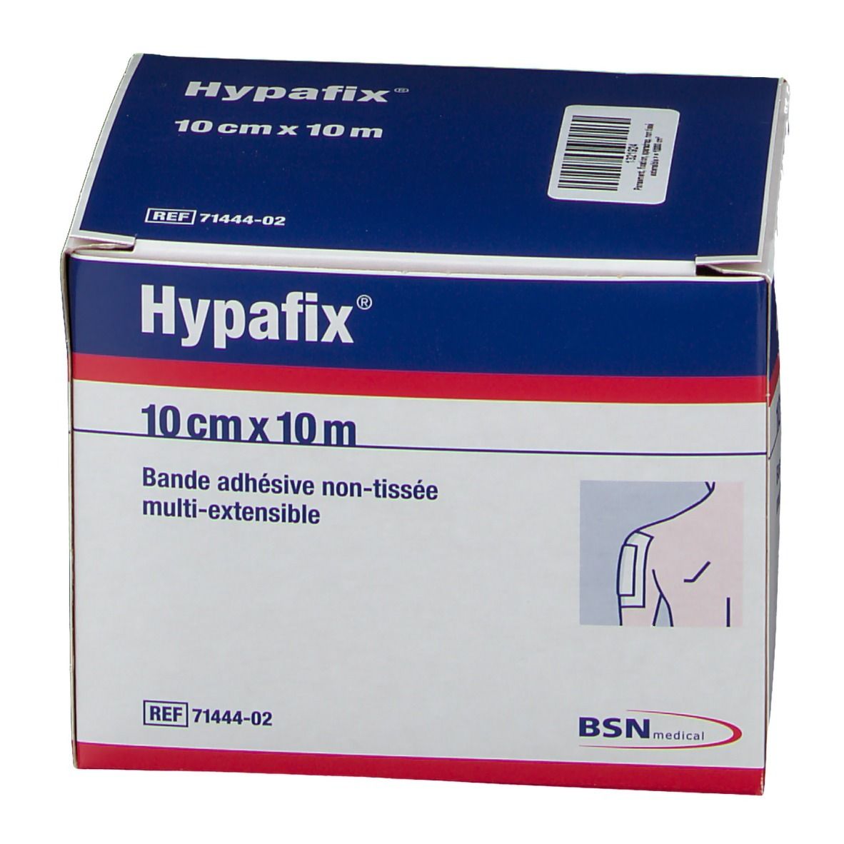 Boîte de pansement Hypafix. Dimensions : 10 cm x 10 m. Inscription : Bande adhésive non-tissée multi-extensible. BSN medical.