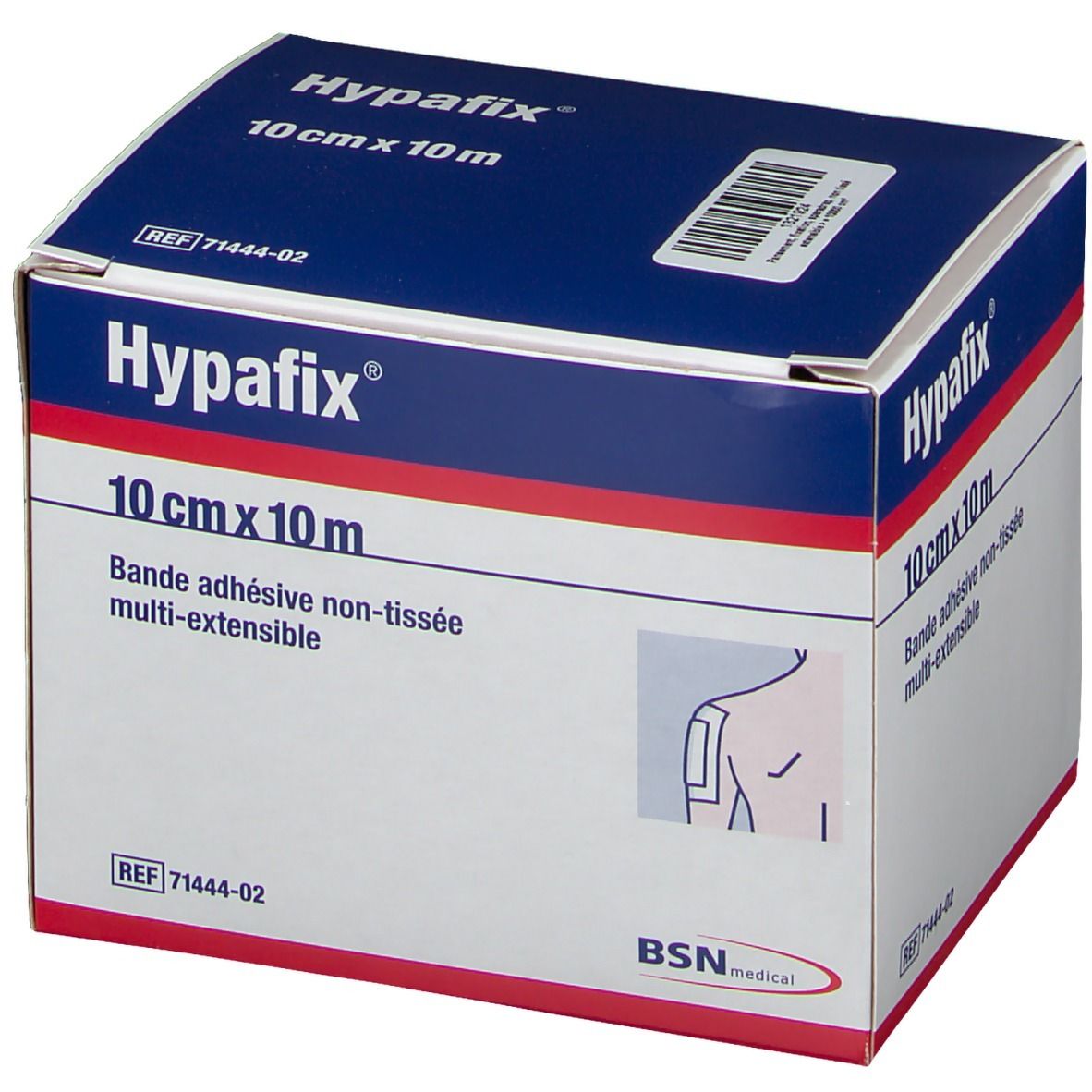 Boîte de pansement Hypafix. Dimensions : 10 cm x 10 m. Inscription : Bande adhésive non-tissée multi-extensible. BSN medical.