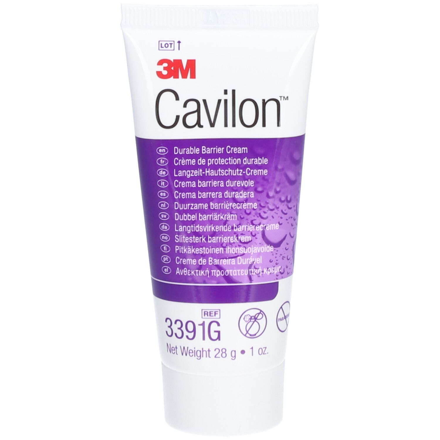 Tube de crème Cavilon. Blanc, accents violets. Logo 3M. Texte: Durable Barrier Cream. 28 g.