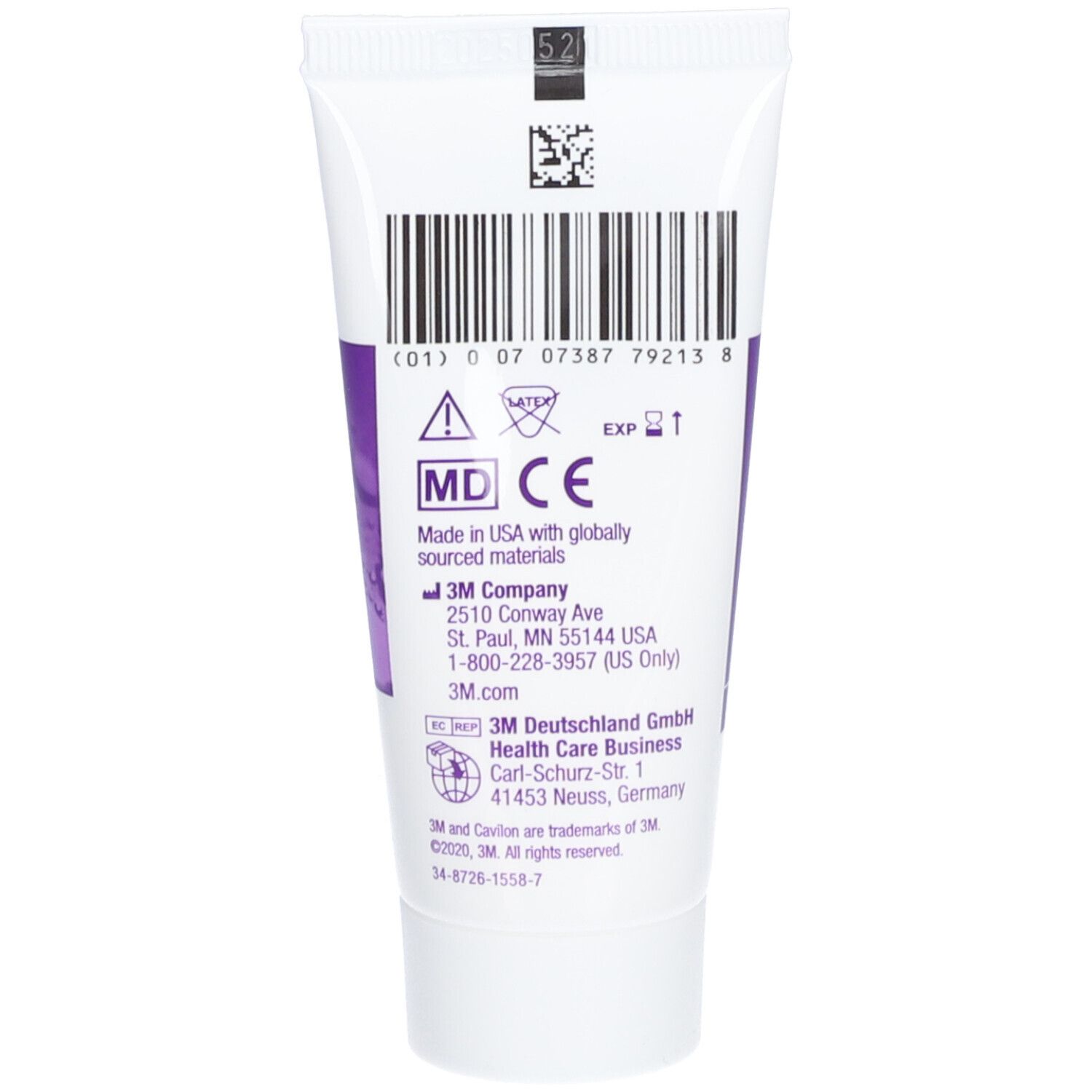 Dos du tube de crème Cavilon. Code-barres, texte. Logo 3M. Informations fabricant et ingrédients.