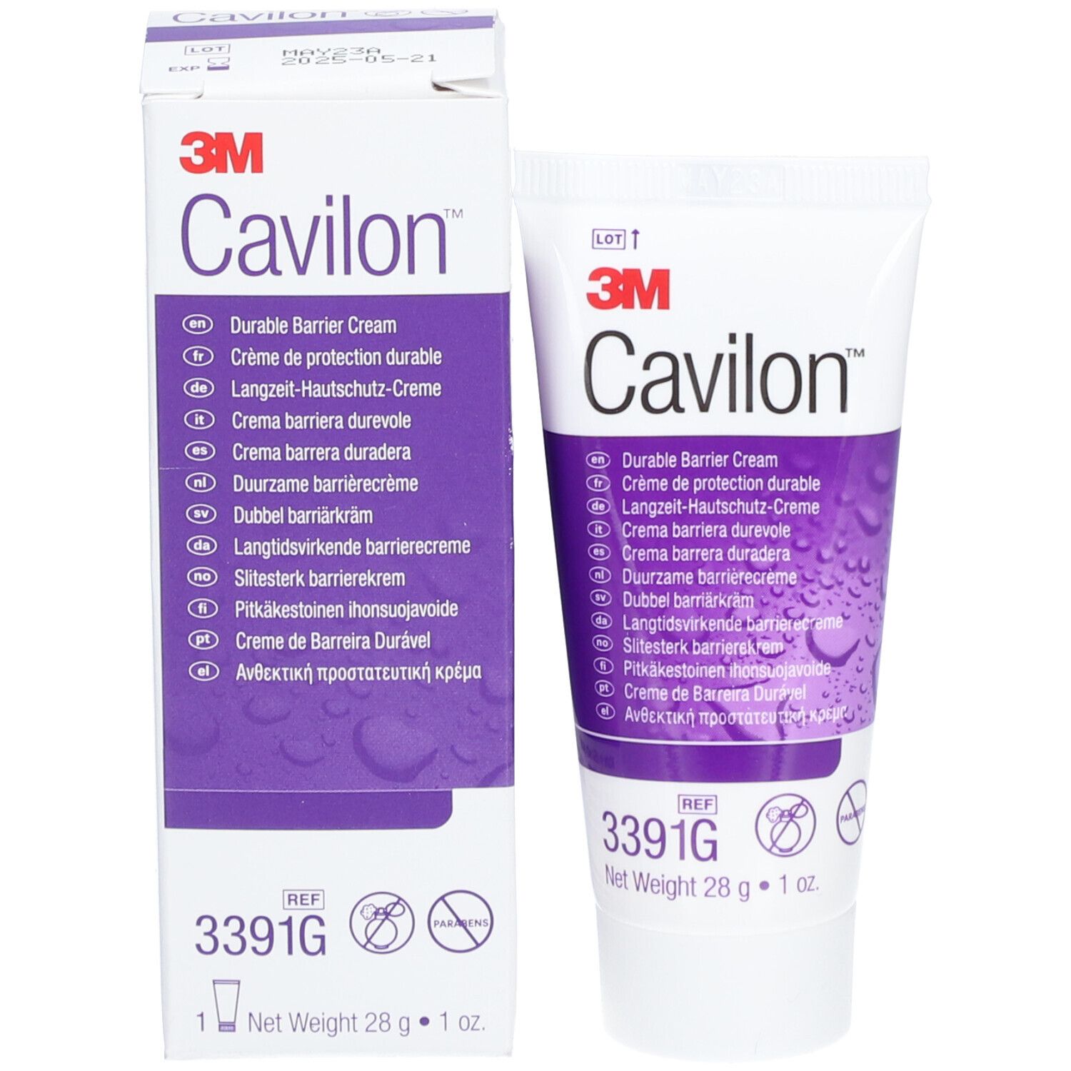 Tube et boîte de crème Cavilon. Blanc, accents violets. Logo 3M. Texte: Durable Barrier Cream. 28 g.