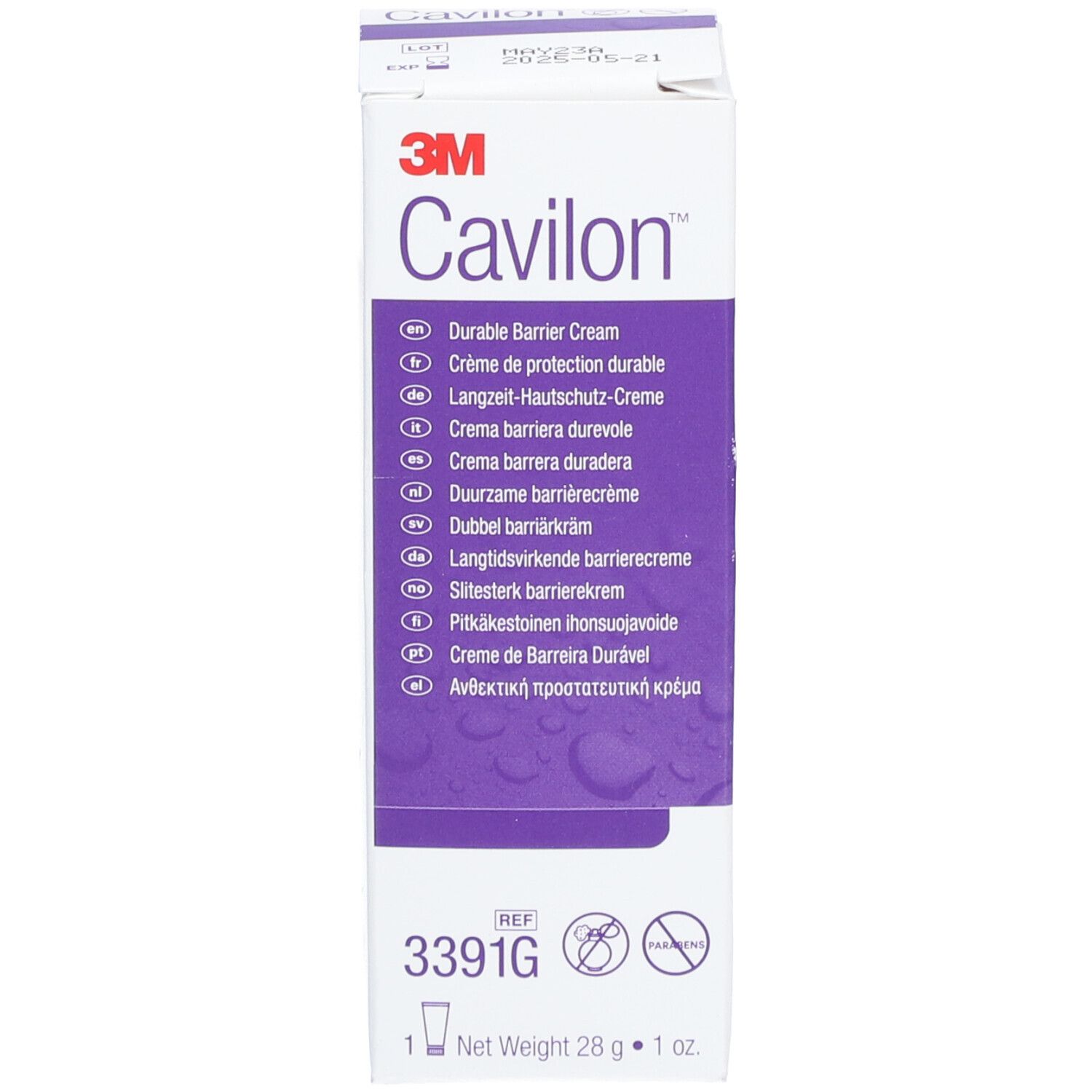 Boîte de crème Cavilon. Blanc, accents violets. Logo 3M. Texte: Durable Barrier Cream. 28 g. REF 3391G.