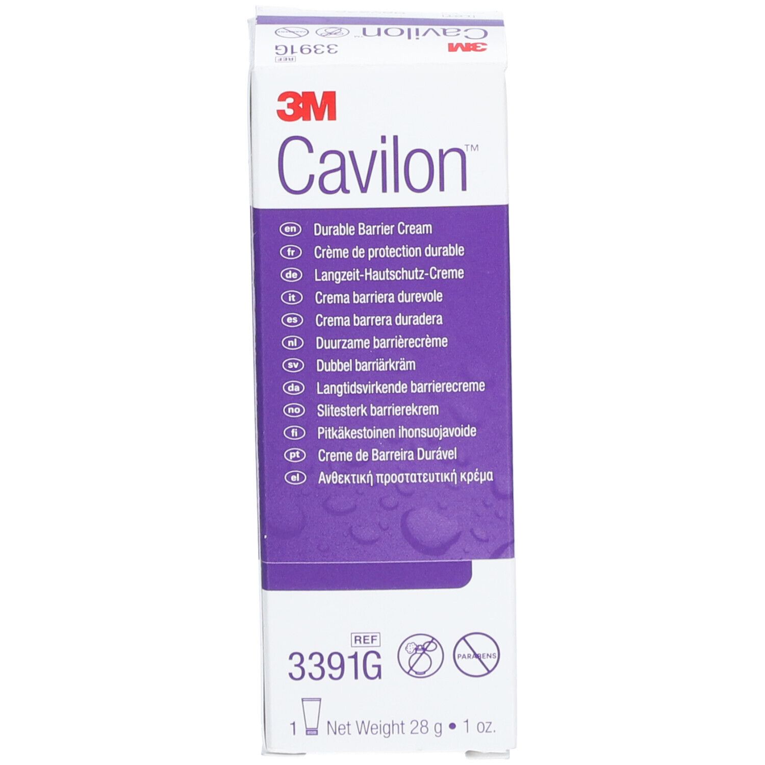 Boîte de crème Cavilon. Blanc, accents violets. Logo 3M. Texte: Durable Barrier Cream. 28 g. REF 3391G.